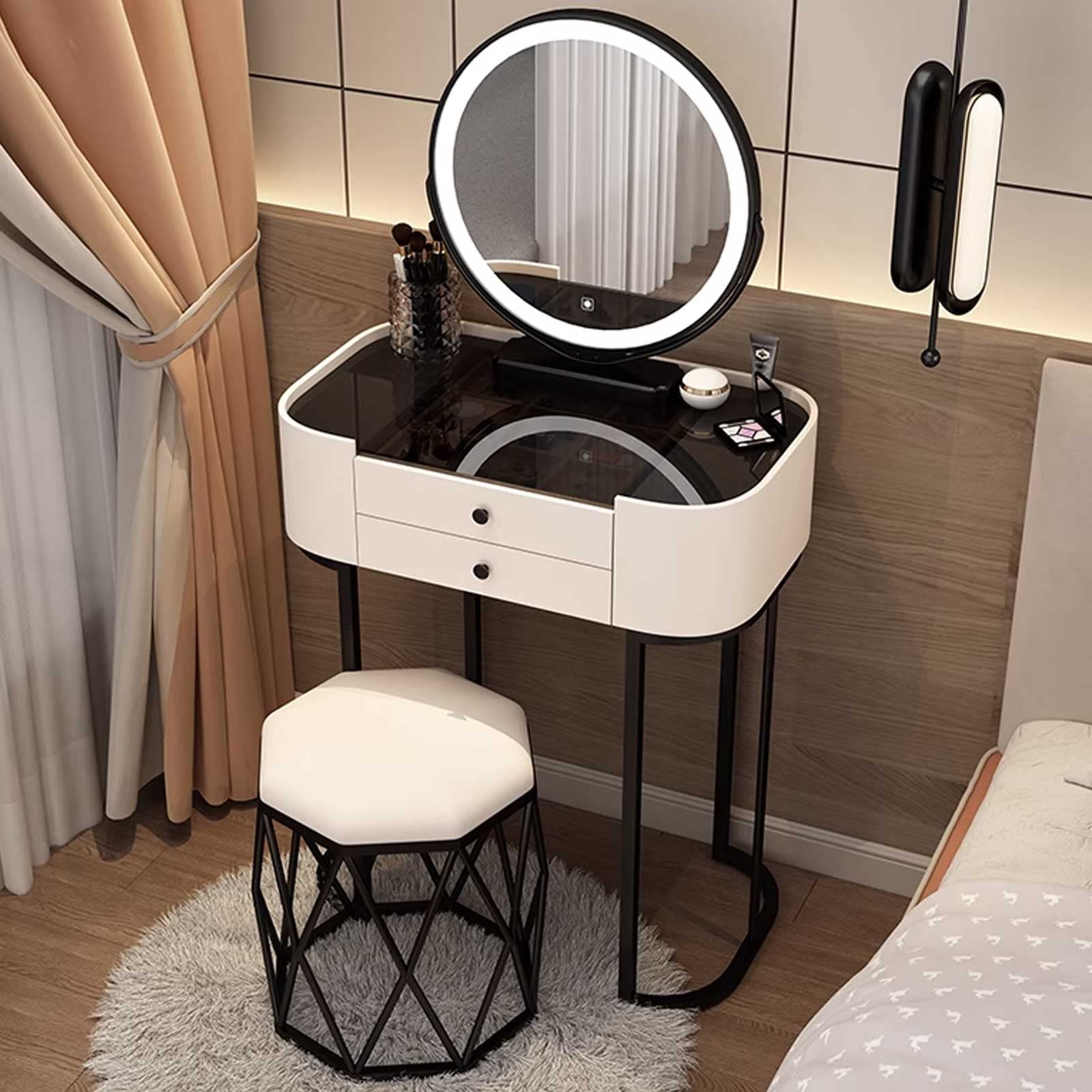 asdchZen Makeup Vanity Desk With Mirror Smart Touch Lights 3 Light Color Options Black Iron Table Legs Tempered Glass Stool 2 Options