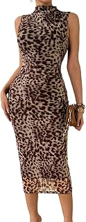 Milumia Women's Leopard Print Mock Neck Sleeveless Bodycon Maxi Mesh Dress for Cocktail Party Wedding Guest