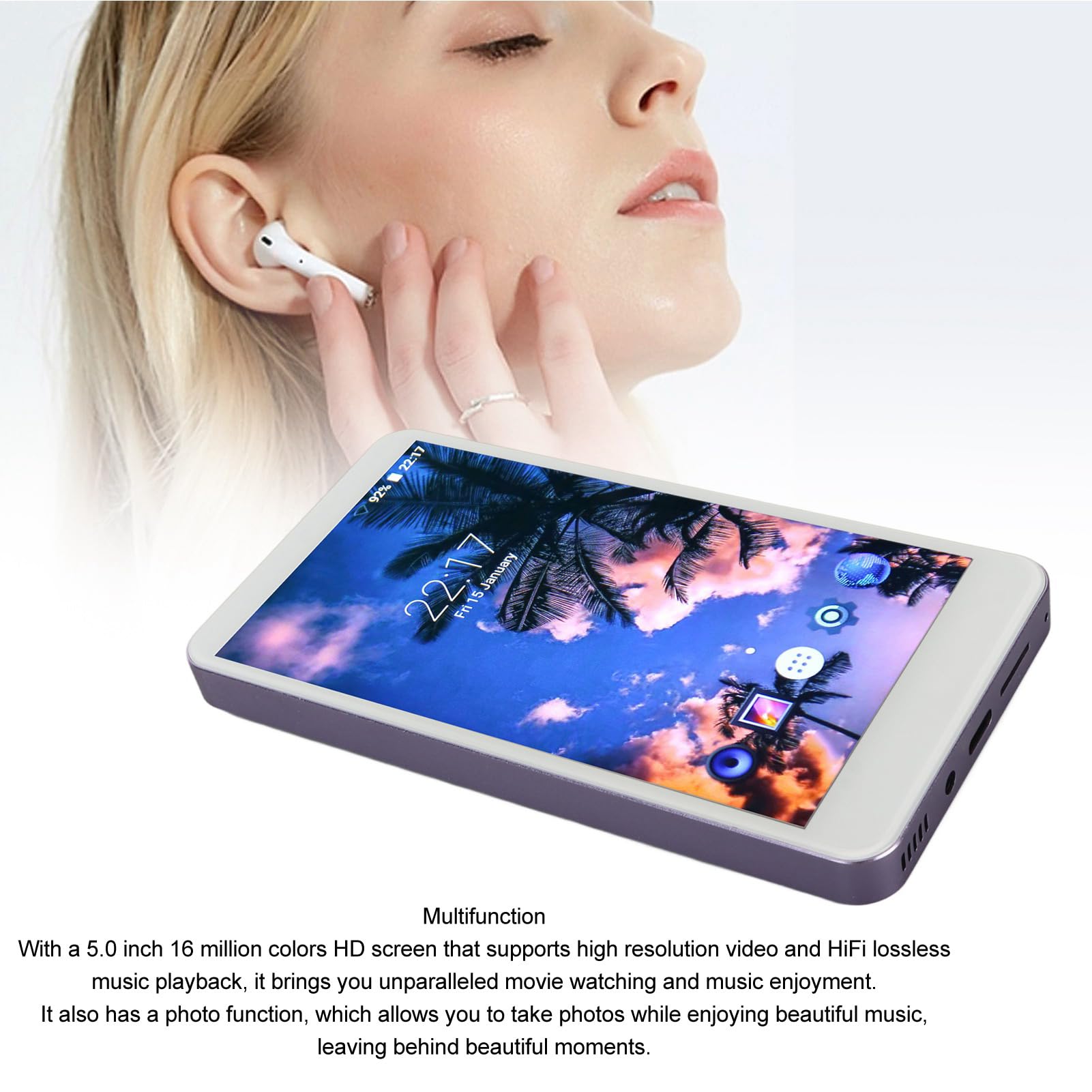AMONIDA Reproductor MP4 Portátil para con Pantalla Táctil HD de 5,0 Pulgadas, Reproductor de Música para Viajes, Compatible con Bluetooth, WiFi, 16GB (Purple)