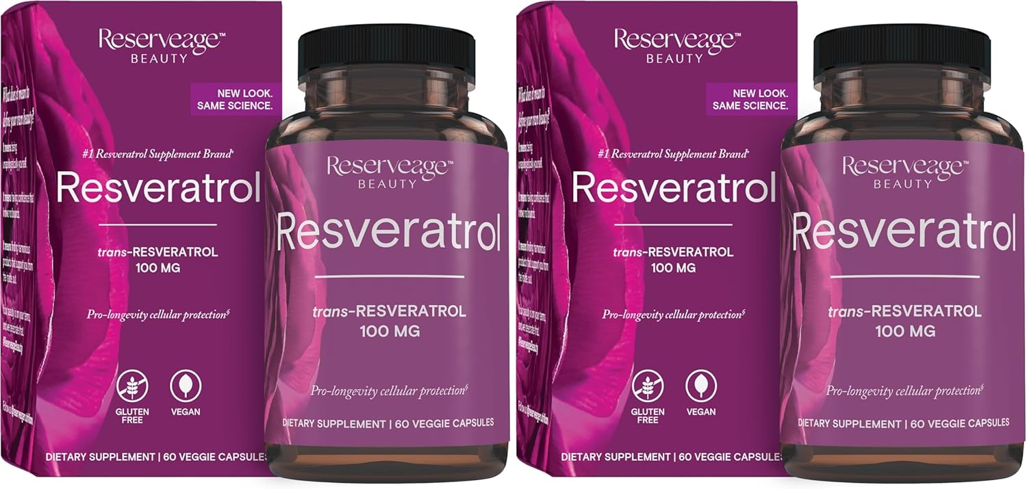 Reserveage Beauty, Resveratrol 100 mg, Antioxidant Supplement for Heart and Cellular Health, Supports Healthy Aging and Immune System, Paleo, Keto, 60 Capsules (60 Servings) (Pack of 2)