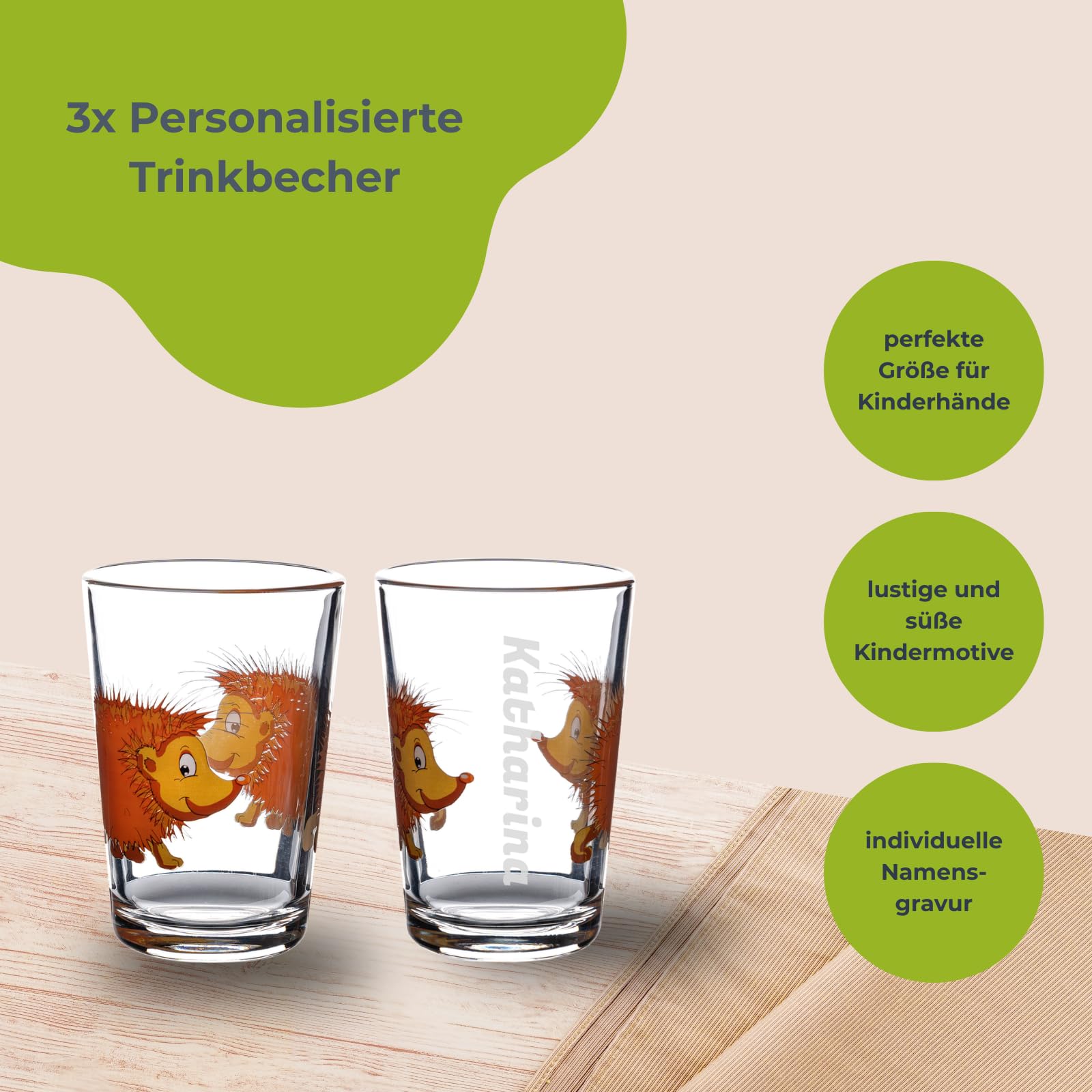 4 tlg.-Kinderbesteck & 3x Gläser mit Gravur, Waldtiere | Personalisiertes Set aus Besteck & 3x Kindergläser (205 ml) mit Namensgravur, Geschenk zur Taufe, Kindergarten & Einschulung
