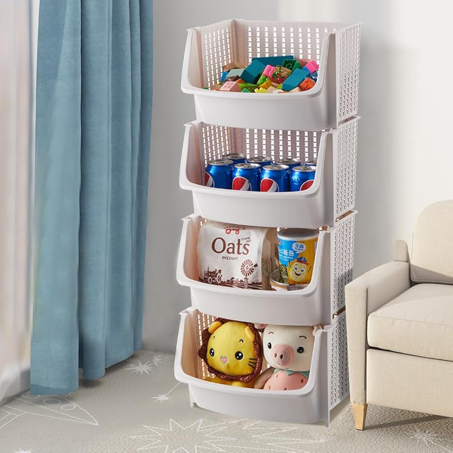 TOYBY 4 Tier Kid Toy Organizers and Storage Bins,Children Playroom Decor Doll Activity Rack Shelf Plastic Bins Box for Children's Rooms, Stackable Storage Bins for Books,Snacks and Toys (Ivory white)