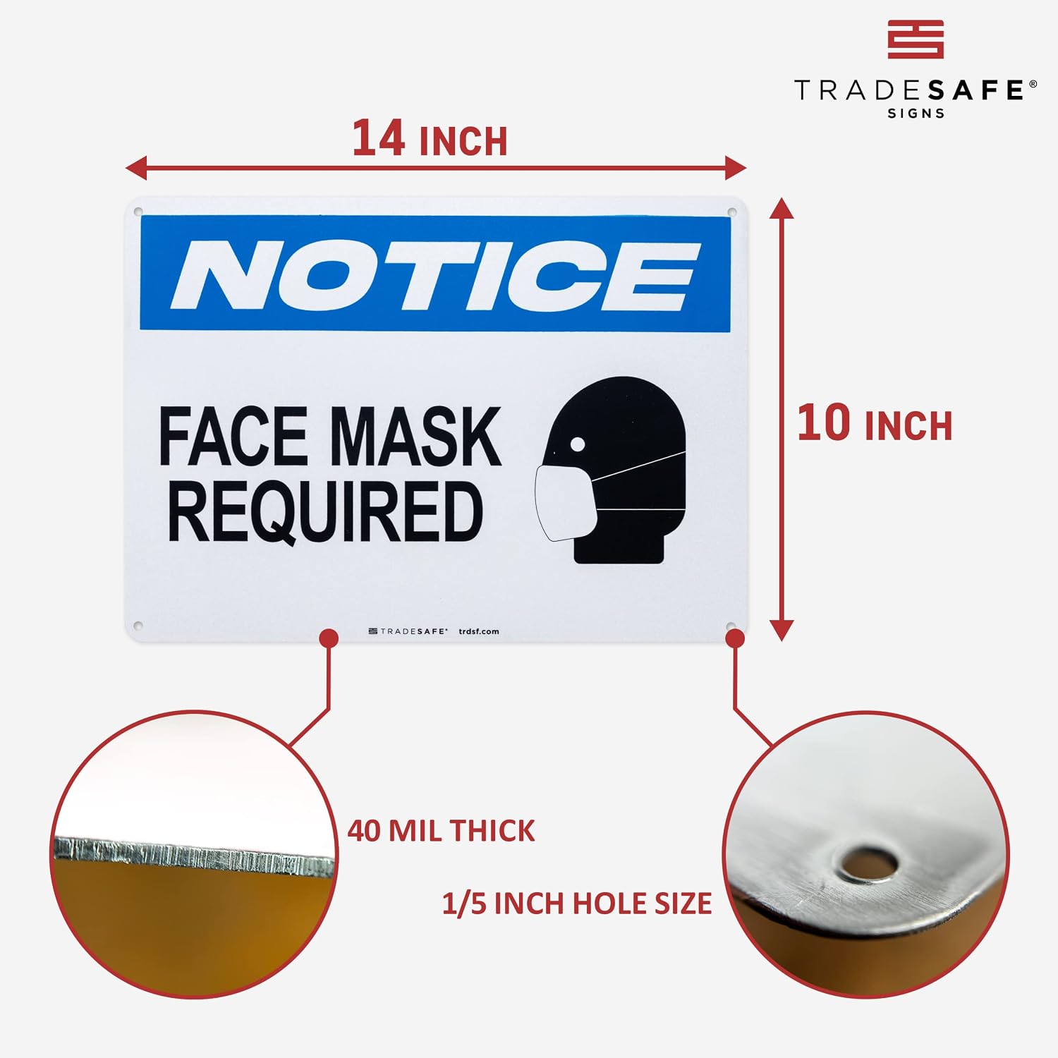 TRADESAFE Face Mask Required Sign, Quick Install Aluminum Safety Sign, Light Reflective, UV-Resistant, Waterproof Signs for Business, 14” X 10” Masks Required Sign, COVID 19 Signs for Businesses