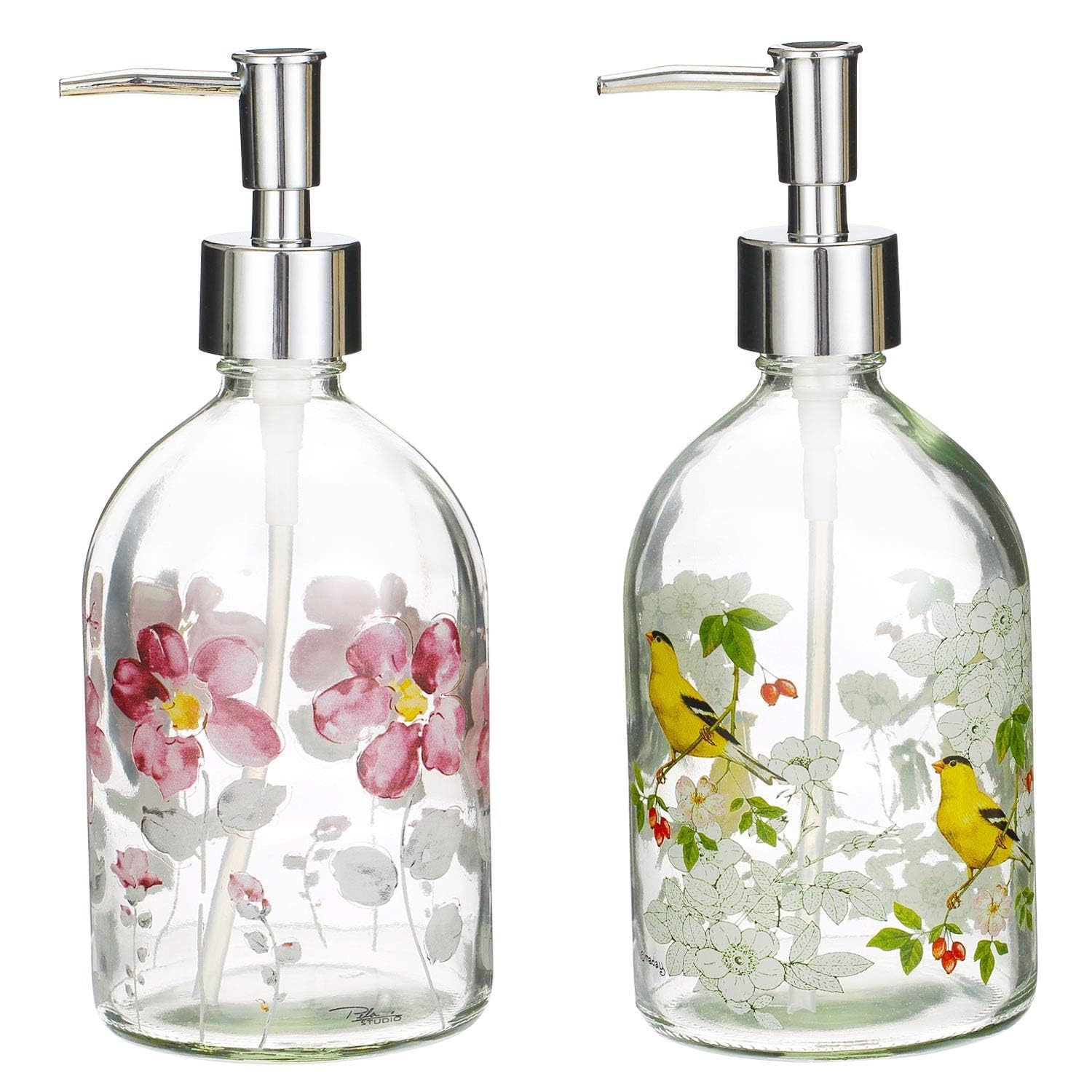 17oz Flower Glass Soap Dispenser Bottle with Plastic Pump, Set of 2 Premium Bathroom Soap Dispenser for Kitchen & Bathroom