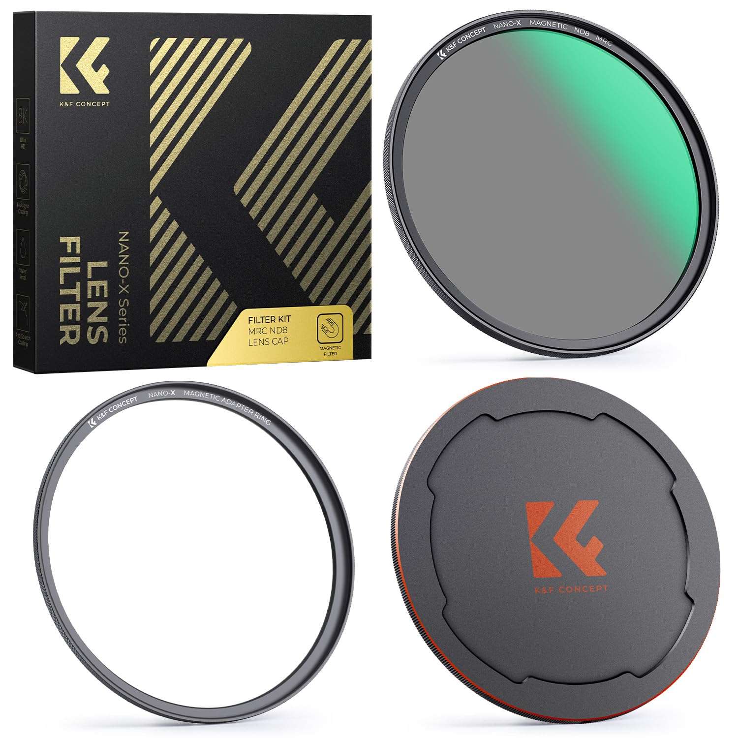 K&F CONCEPT Filtre ND8 67mm Magnétique 3 f-Stops Installer Rapide avec Bague Base et Bouchon Devant en métal pour Objectif Appareil Photo