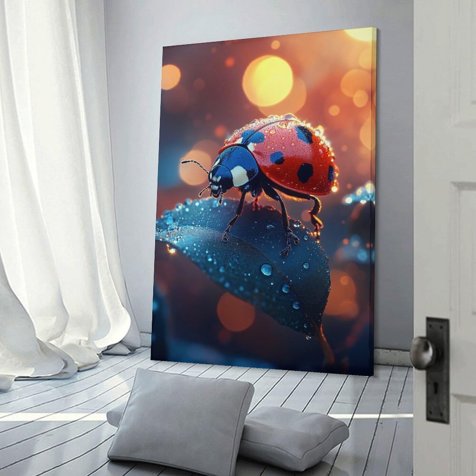 Junmoney Frame-Style-17-2 Ladybug On Leaf With Water Droplets Canvas Art Print 12X18inch(30X45cm), For New Homes, Bedrooms Or Workspaces, Gift Idea For Housewarming And Birthdays