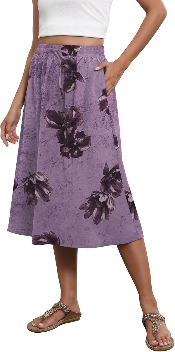 Witsmile Midi Skirts for Women 2026 Casual Aline Midi Pleated High Waist Floral Print Knee Length Skirt(TF Purple,M)