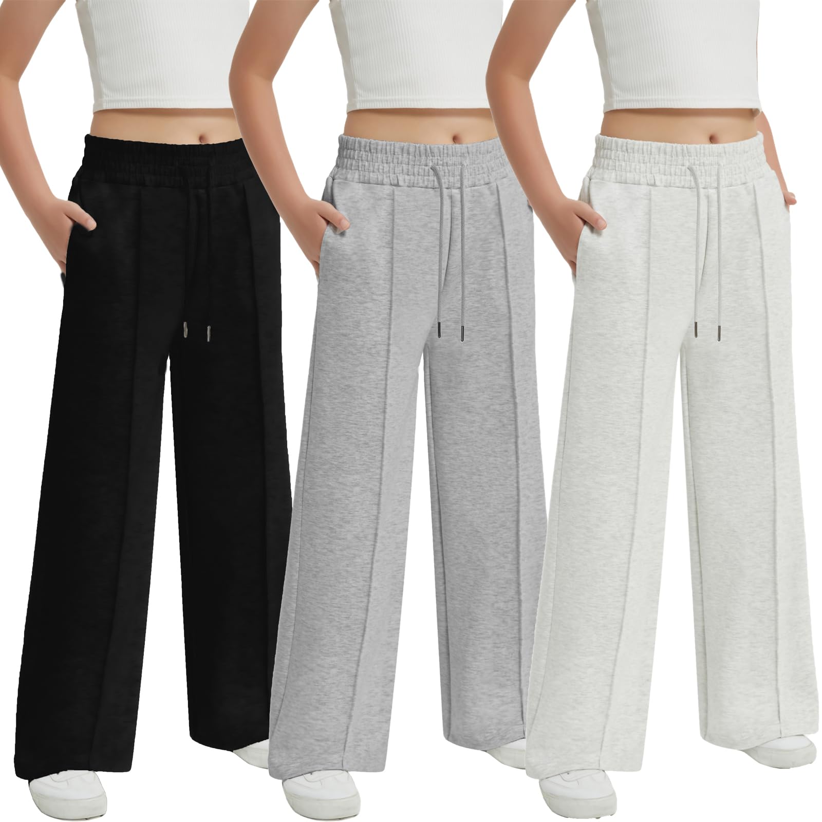 EXARUS Pantalones deportivos para niñas con costura frontal, cordón de ajuste, cintura alta, pierna ancha, holgados, casuales, cintura alta, 6-14 años