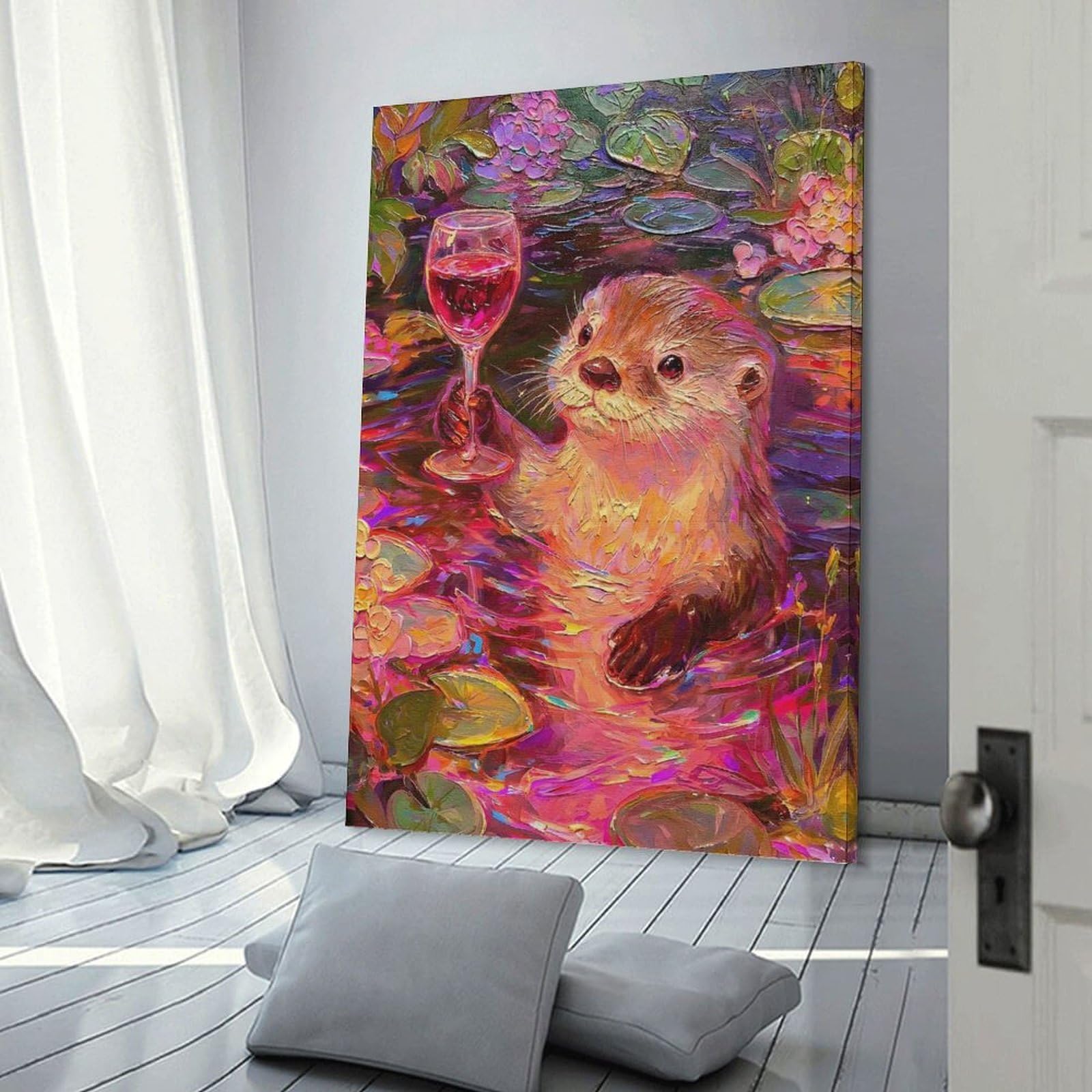 Junmoney Frame-Style-13 Otter With Wine Glass Painting Canvas Art Print, 24X36inch(60X90cm), For Office Decor, Home Working Or Creative Rooms, A Smart Decor Choice For Study Walls