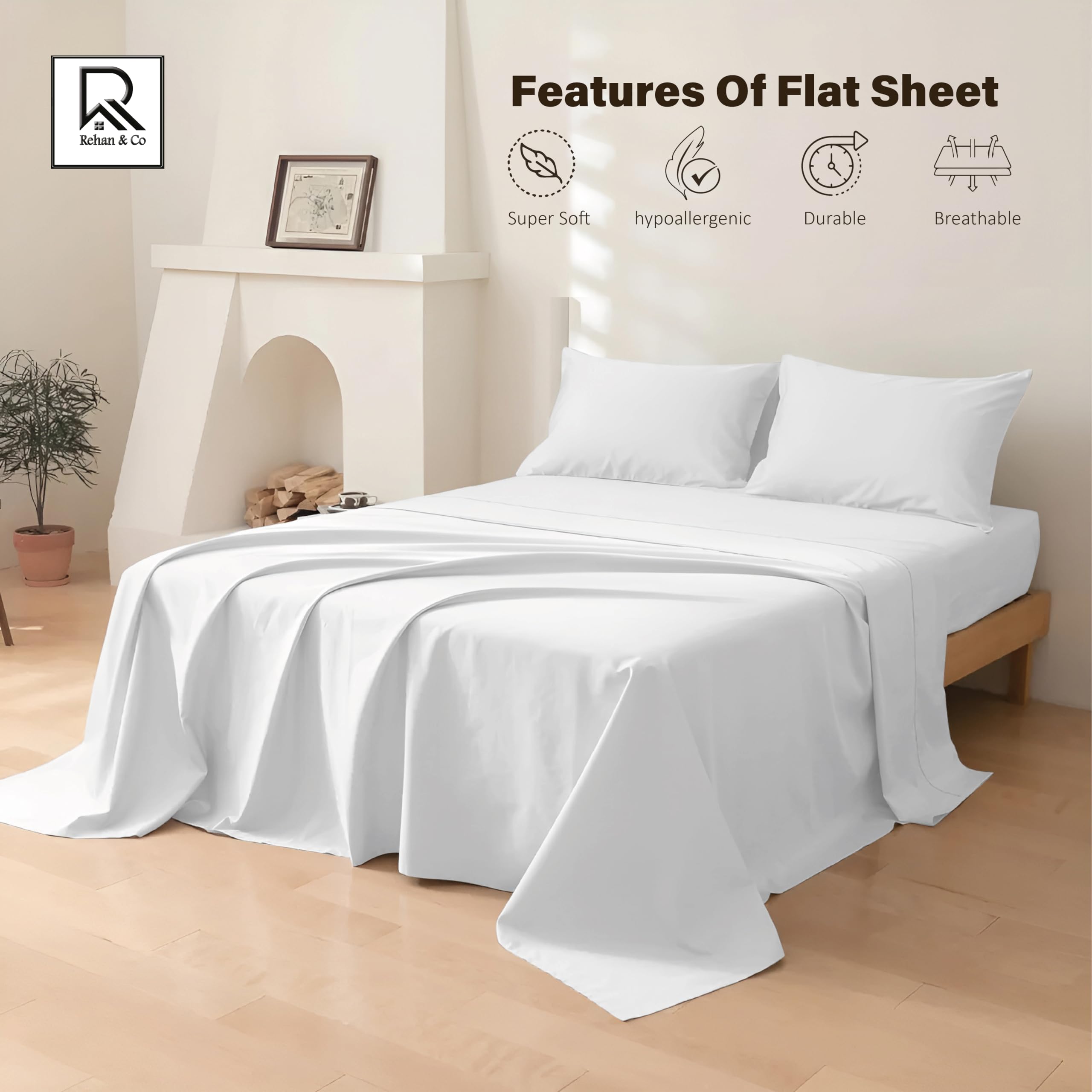 Rehan & Co Drap plat Super King Size - 100 % coton égyptien 300 fils au pouce carré - Qualité hôtelière - Uni - Respirant - 275 x 310 cm - Blanc