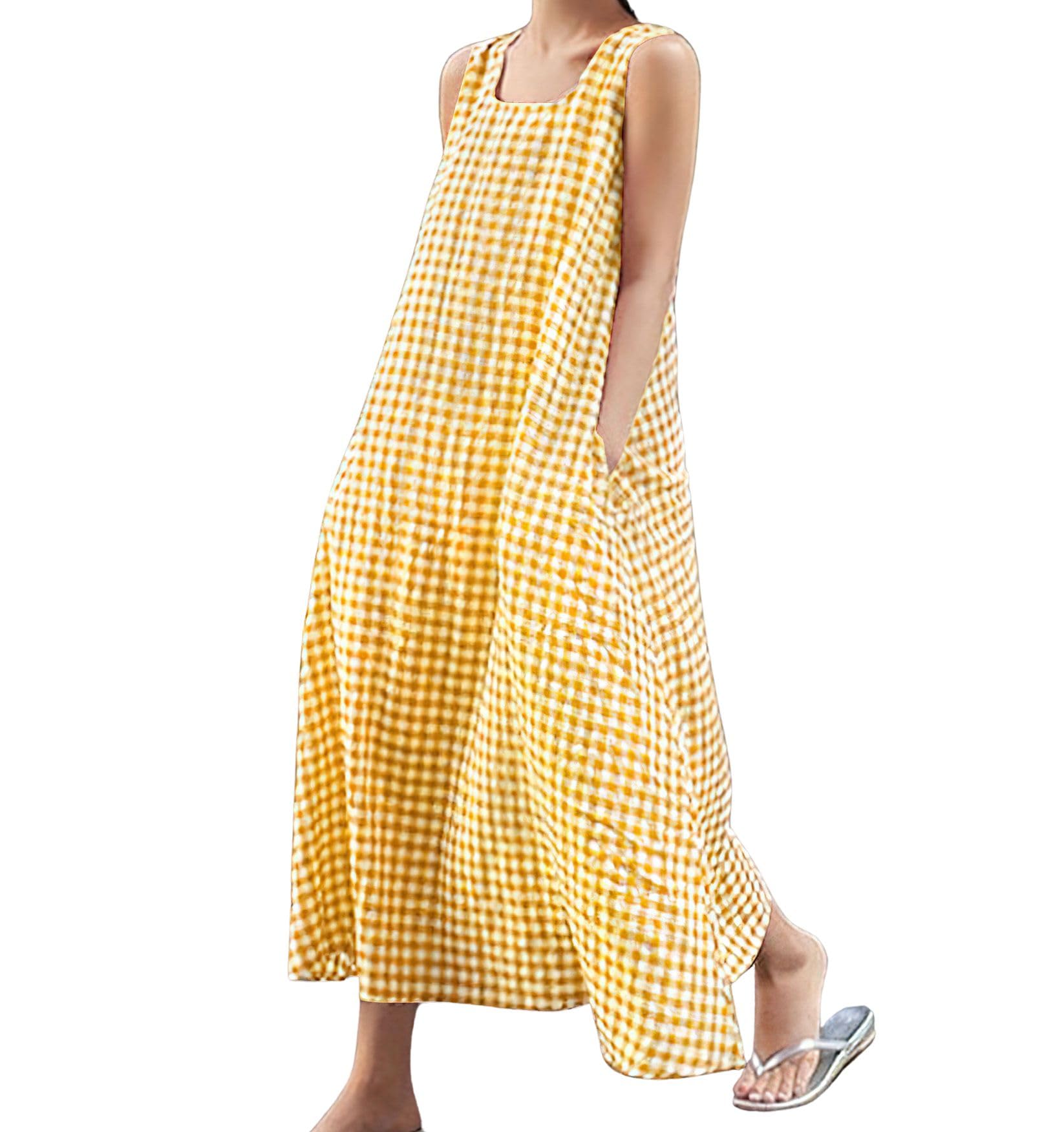 Chouyatou Women's Summer Cotton Plaid Tank Maxi Dress