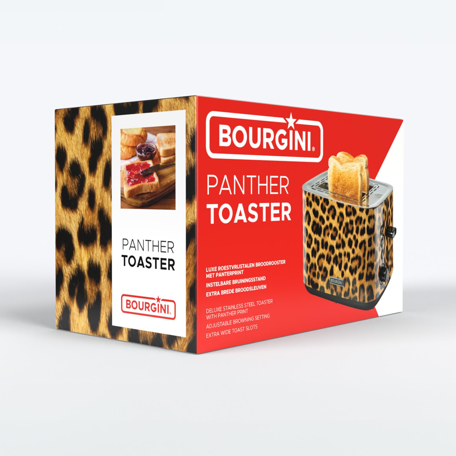 Bourgini Panther Toaster - Stylish Toaster with Panther Print, 2 Cuts, Extra Wide Slots, Adjustable Browning Degree, Defrost and Warming Function, Removable Crumb Tray for Inserting