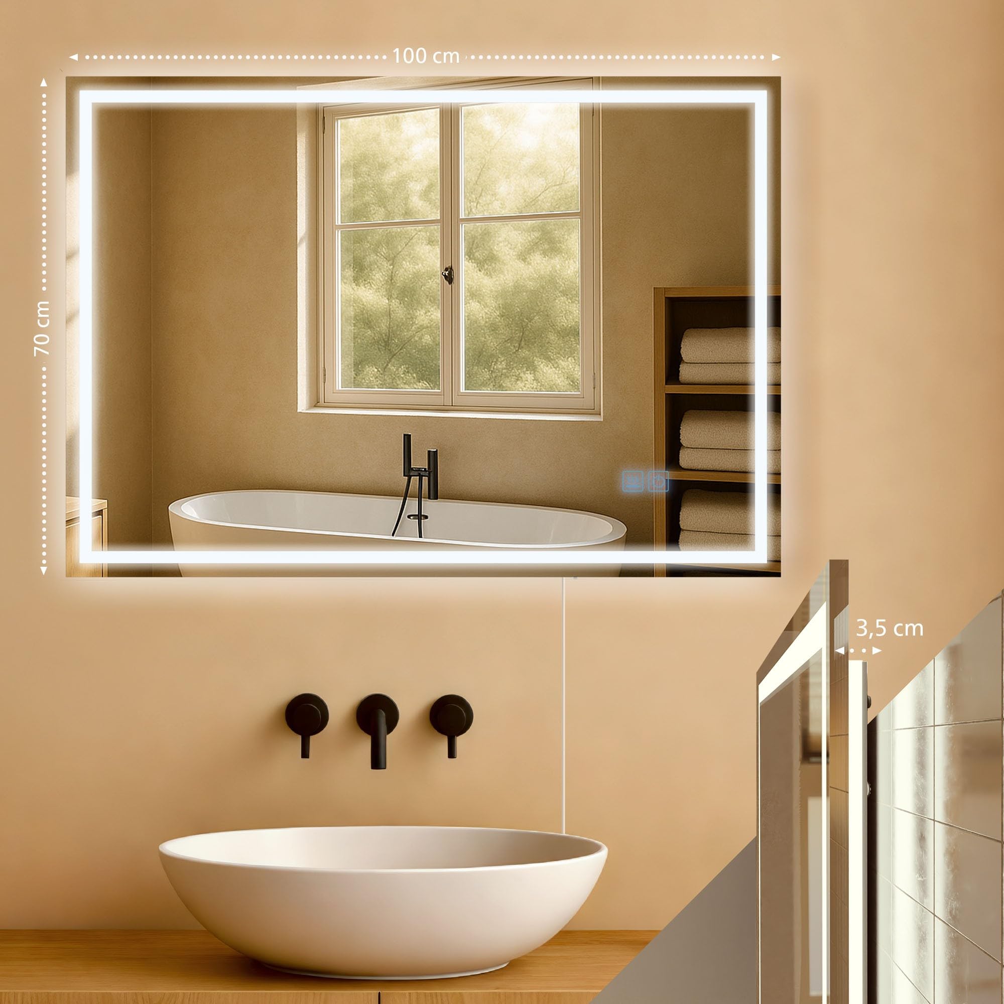 CLP Specchio da Bagno con Illuminazione Jaffrey, Specchio antiappannamento, Orientamento Orizzontale e Verticale, Specchio a Parete dimmerabile, Dimensione:70x100 cm