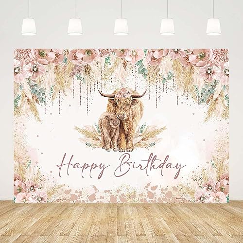 Pancartas de cumpleaños con temática de vaca de las tierras altas de 7 x 5 pies, diseño de vaca de las tierras altas, decoración de pared, fondo de