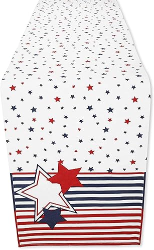Folkulture Camino de mesa con estrellas y rayas del 4 de julio, 100% algodón, 108 pulgadas de largo para decoración roja, blanca y azul