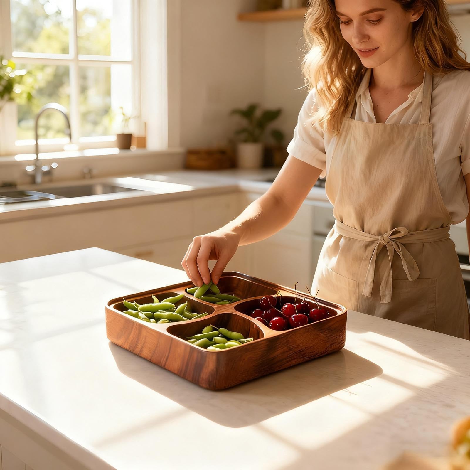 Set di ciotole per snack in legno a 4 scomparti, sicuro e delicato, per antipasti per familiari e amici, perfetto per feste a base di noci, decorazione per la casa e la cucina