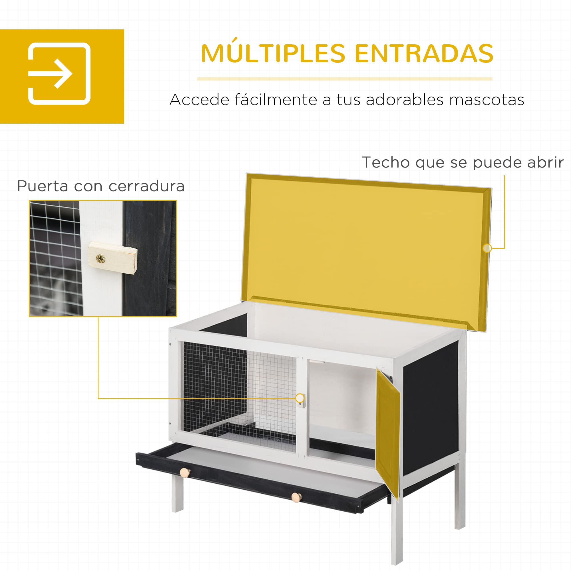 PawHut Conejera de Madera Exterior Jaula Elevada para Conejos Cobayas Animales Pequeños con Techo Asfáltico Abatible Bandejas Extraíbles y Puerta con Pestillo 90x45x65 cm Gris Oscuro