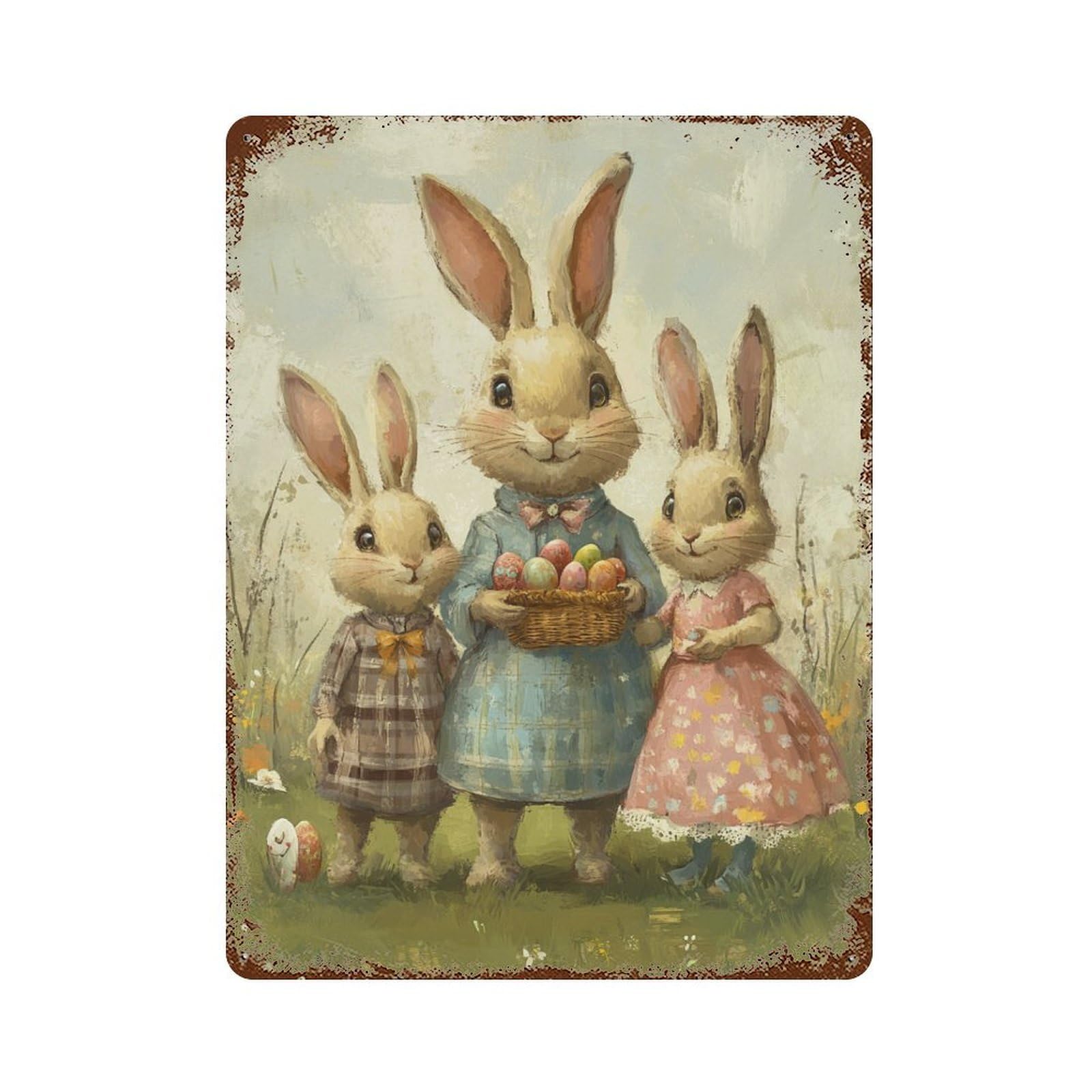 Easter Bunny Family Scene 15.7"x11.8" Decorative Tin Sign, Farmhouse Wall Decor for Farmhouse, Kitchen And Entryway Decor
