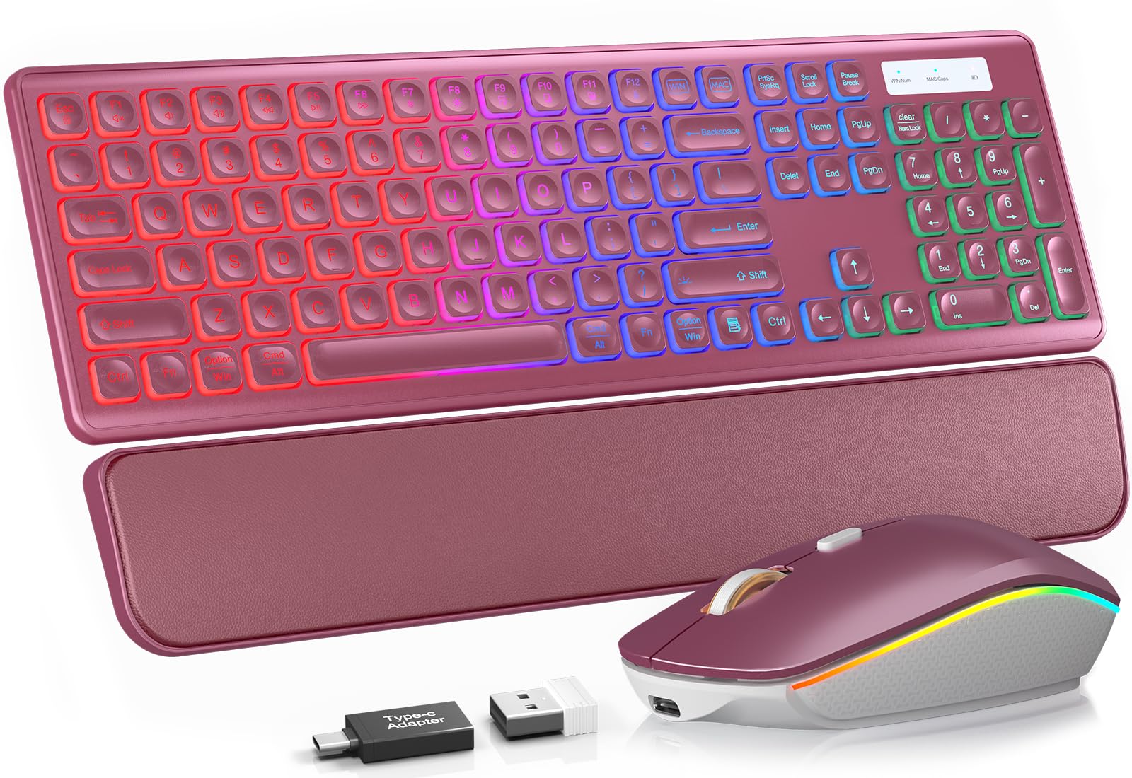 Wireless Keyboard and Mouse Combo, RGB Backlit, Wirst Rest, Rechargeable