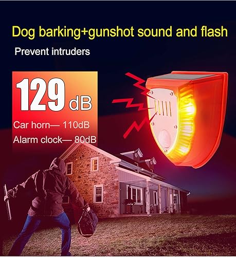Miniatura 6 de Paquete de 2 luces solares de alarma de seguridad, sonidos de disparo de 129 dB y sonido de ladridos de perro y luz estroboscópica lámpara de