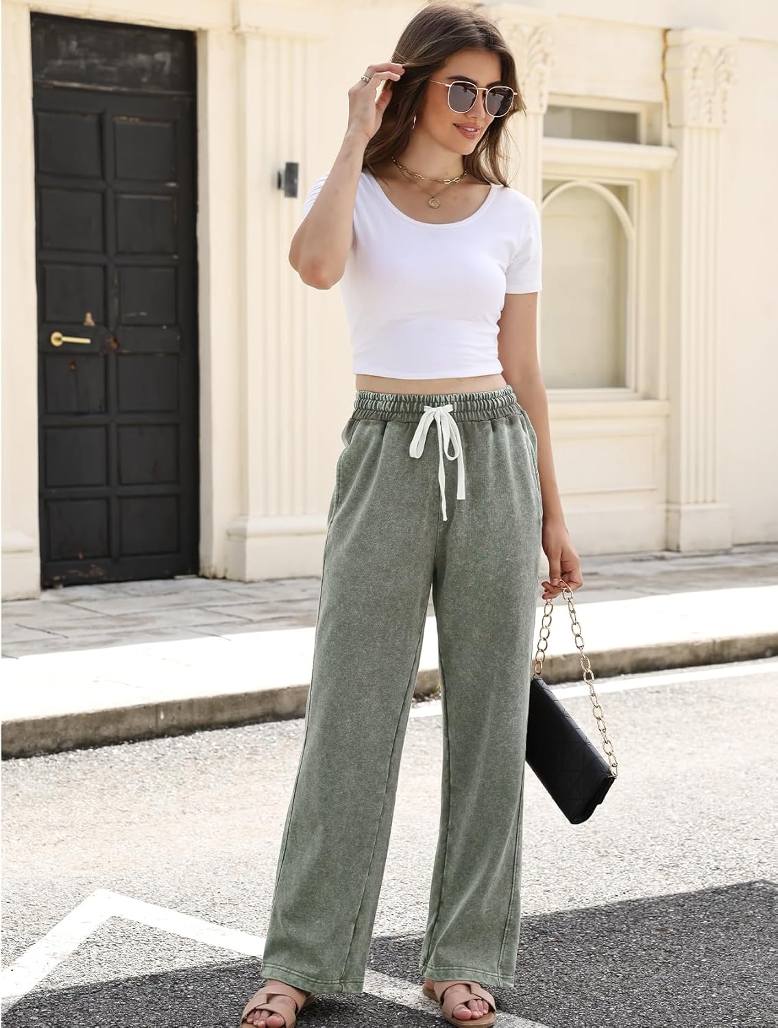 Gihuo Womens Baggy Sweatpants Wide Leg Palazzo Pants Acid Wash Cotton Pants Drawstring Athletic Jogger with Pockets - Image 8