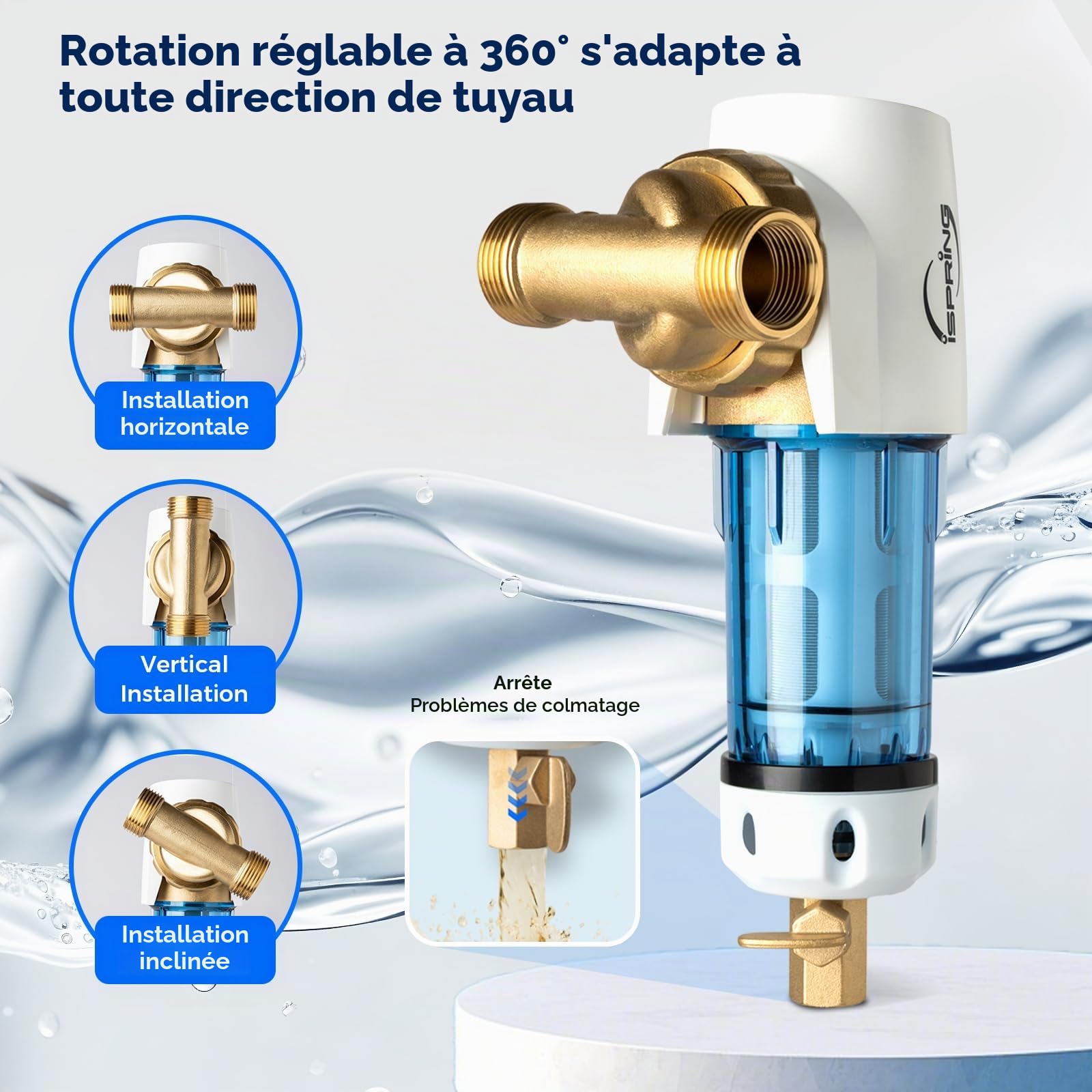 iSpring WSP50GR-E Filtre à Eau à Sédiments Réutilisable 50 Microns avec Grattoir Intégré, Tête Pivotante à 360°, Manomètre, Bleu… (WSP50GR-E)