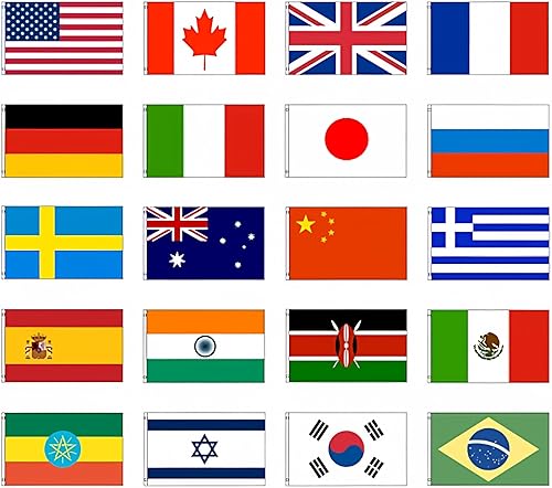 Juego de 20 banderas internacionales de poliéster de 3 x 5 pulgadas ojales de latón pancarta para casa ojales de latón ojales de latón resistentes a