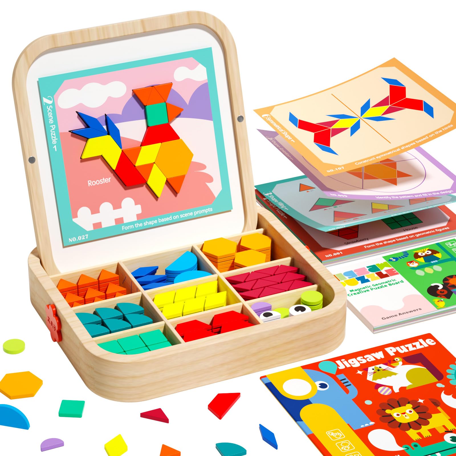 edutree Wooden Magnetic Pattern Blocks Set with Cards, 288 PCS Montessori Tangram Puzzle Learning Toys for Toddlers 3-5, Educational STEM Gift for Kids Boys Girls 3 4 5