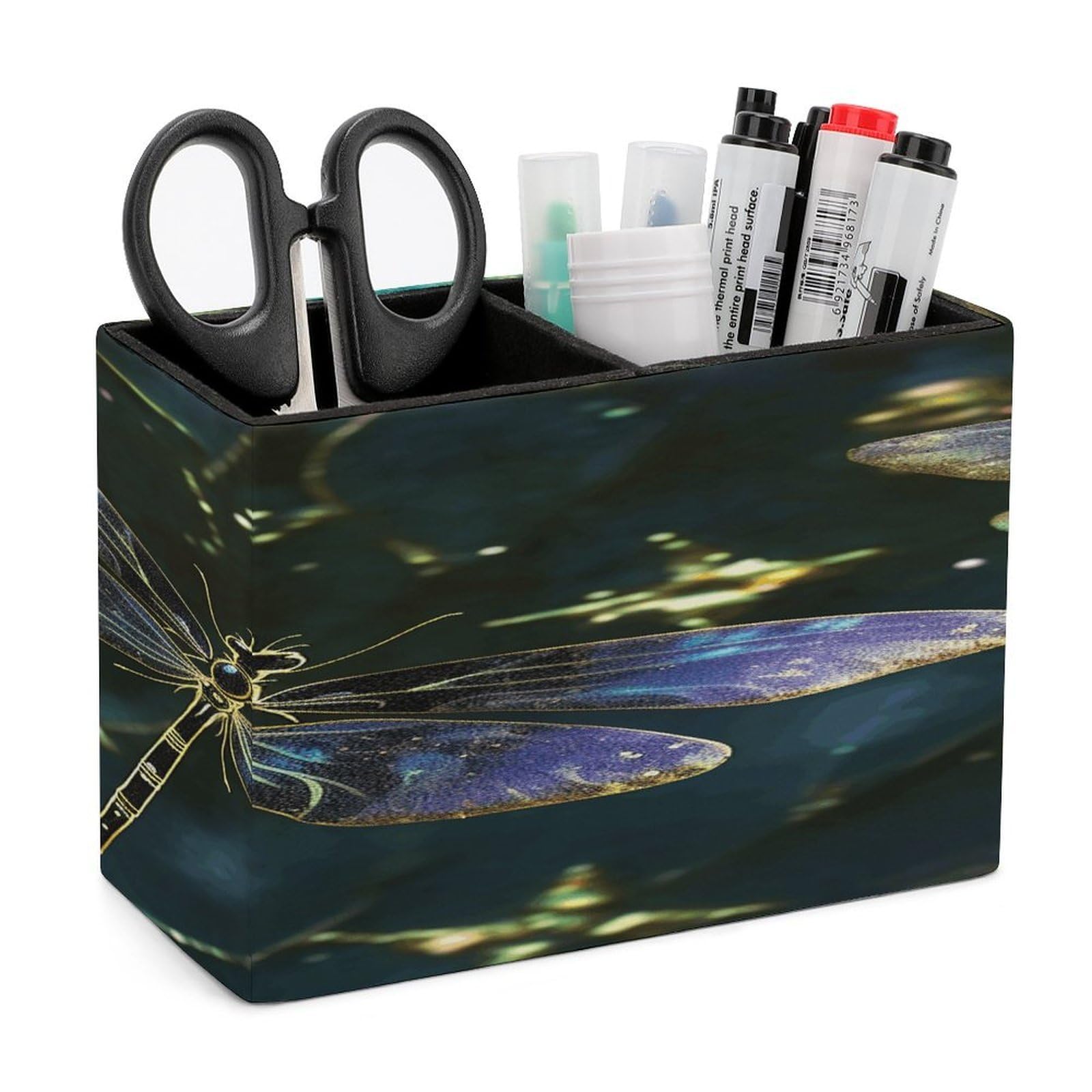 VstaDank Dragonfly Pen Holder Double Compartments Pen Cup Fashion Makeup Brush Holders Leather Pencil Holder for Work Locker Accessories Modern Pencil Cup for Desk Organizer