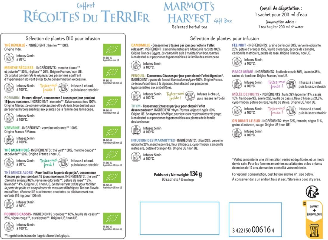 Les 2 Marmottes - Grand Coffret Récoltes du Terrier 90 Sachets - 12 Infusions 3 Thés - Idéal En Cadeau - Bien-Être Et Relaxation - Made In France - Sans arômes ajoutés - 134g