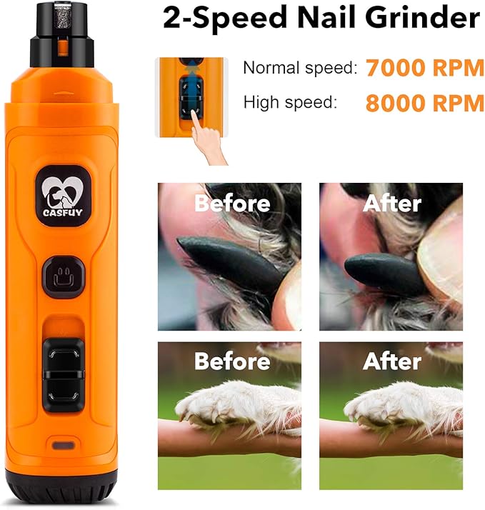 Casfuy Dog Nail Grinder with 2 LED Light - New Version 2-Speed Powerful Electric Pet Nail Trimmer Professional Quiet Painless Paws Grooming