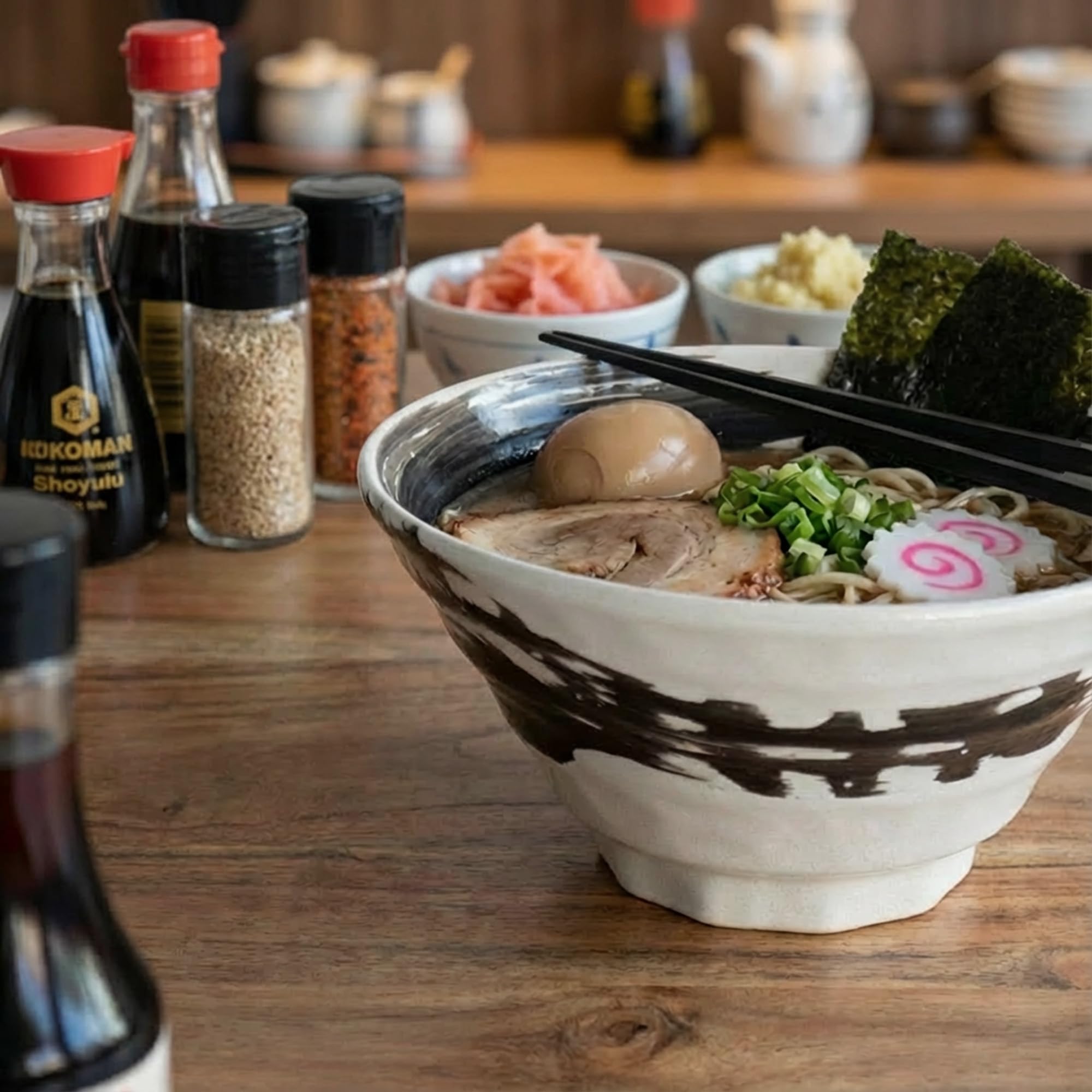 SASUGA Handgefertigte Japanische Keramikschale für Ramen & Udon - Pinsel Strich Nudel-Schale aus Mino-Yaki Porzellan, Weiß