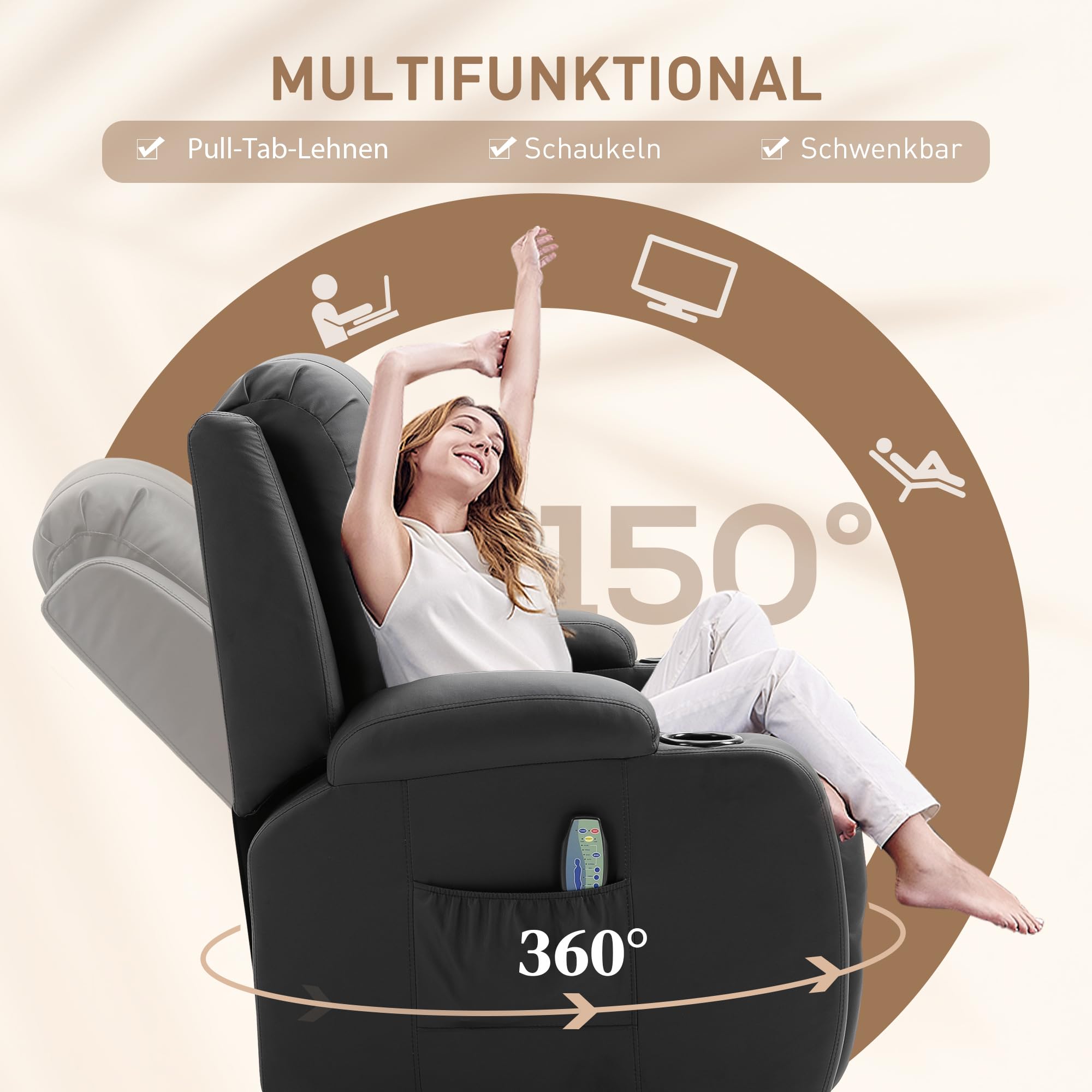 HOMCOM Relaxsessel verstellbar Massagesessel mit Liegefunktion, Heizung, Drehbar Fernsehsessel mit Wippfunktion, Becherhalter, Seitentasche, Timer, Kunstleder für Wohnzimmer Schwarz