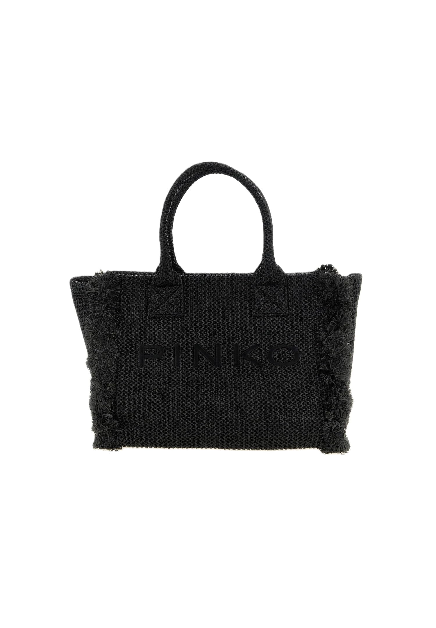 Pinko Bolsa de compras de rafia, negro, 38 x 29,5 x 16 cm, con flecos, estilo playa y viaje, cierre de cremallera