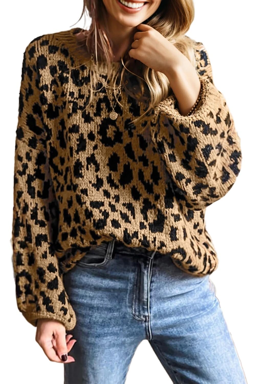 Apvirdy Womens Vintage Leopard Print Sweaters Ribbed Trim Crew Neck Drop Shoulder Puff Long Sleeve Cheetah Baggy Sweaters