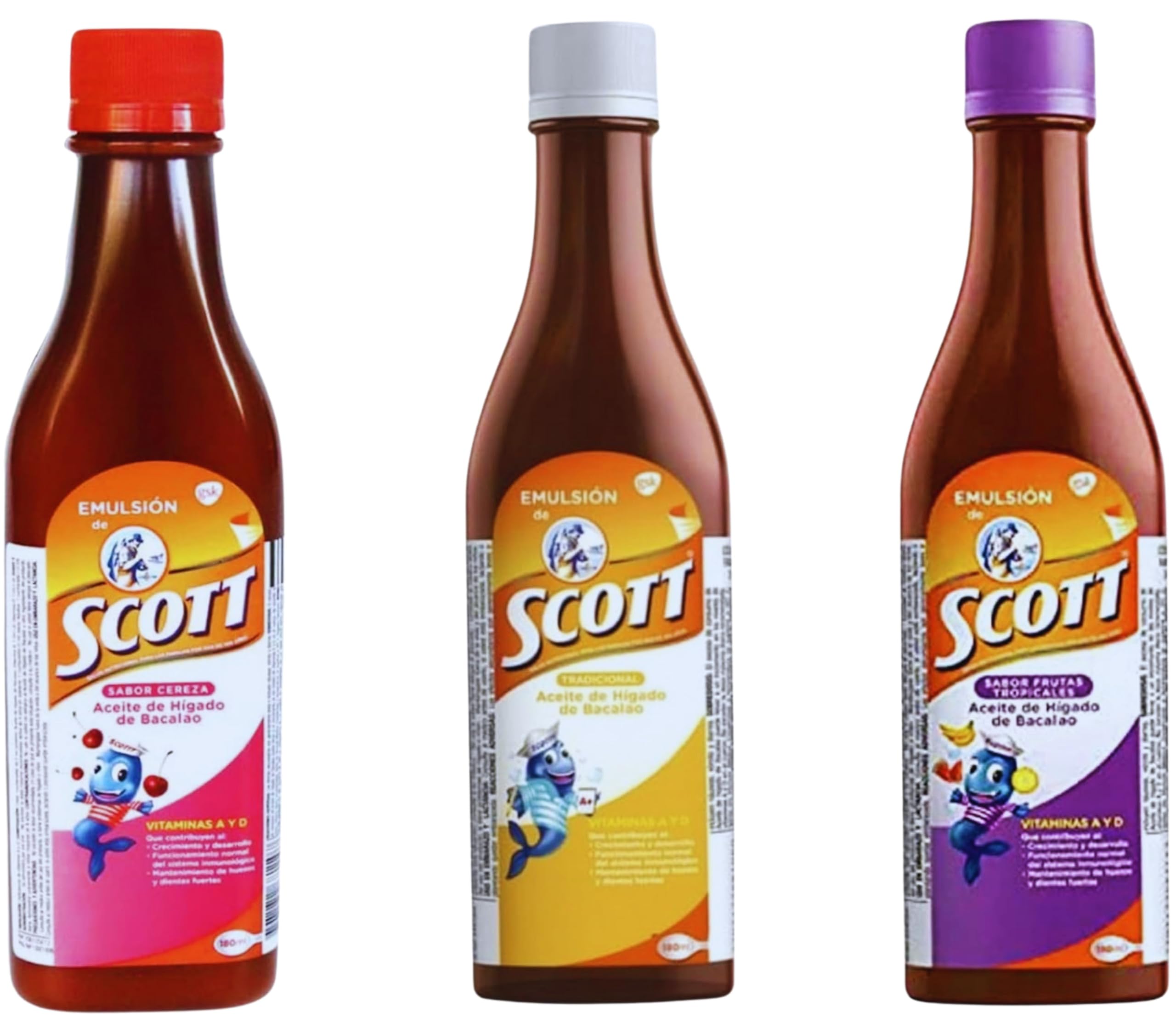 Emulsión de Scott 3 Pack Combo – Cod Liver Oil (Traditional, Cherry, Tropical Fruit Flavors) - 180ml Each