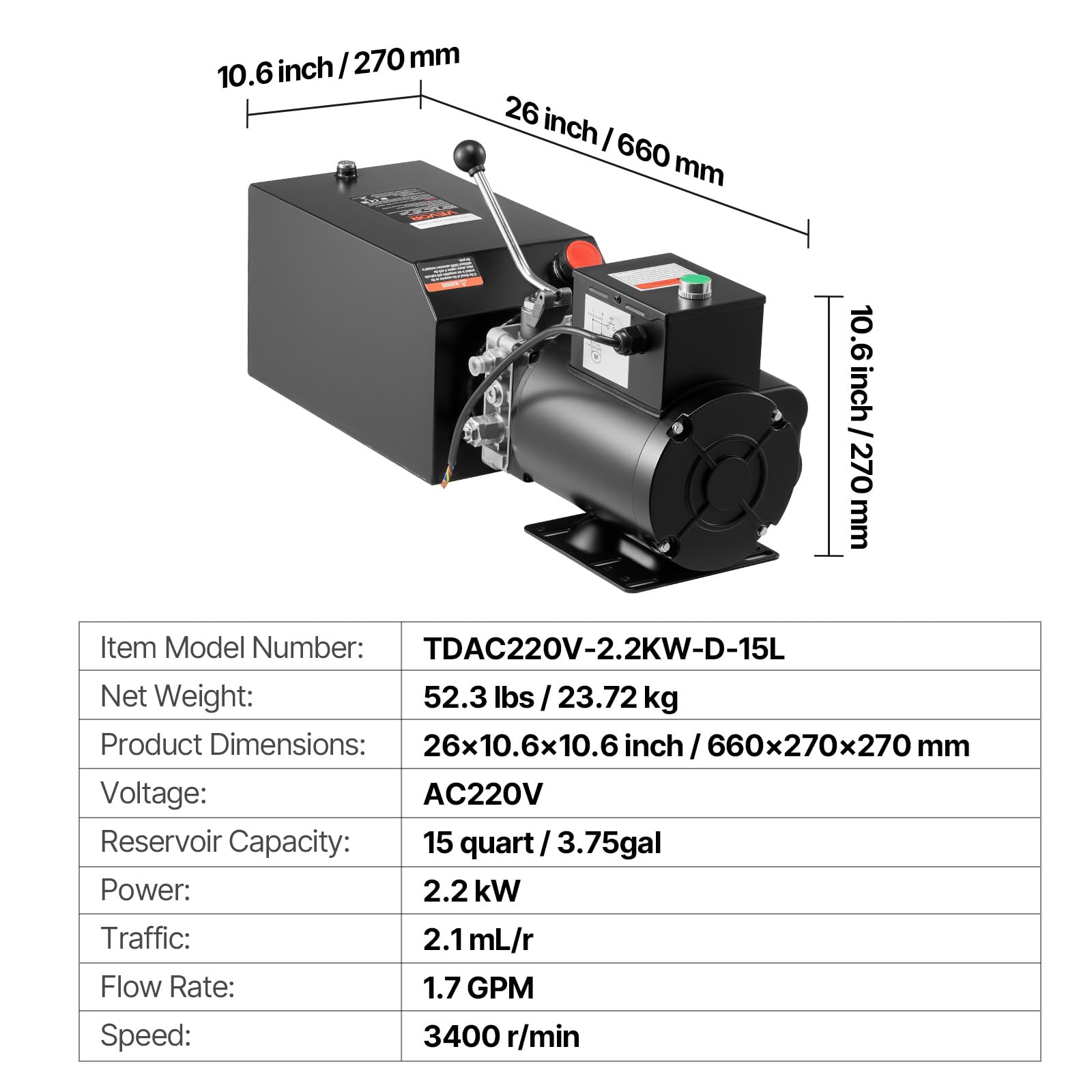 VEVOR Pompa Idraulica CA 220 V, Centralina Idraulica a Semplice Effetto Portata Olio 6,3 L/min, Pressione di Scarico max. 22 MPa per Autocarri con Cassone Ribaltabile, Elevatore, Auto