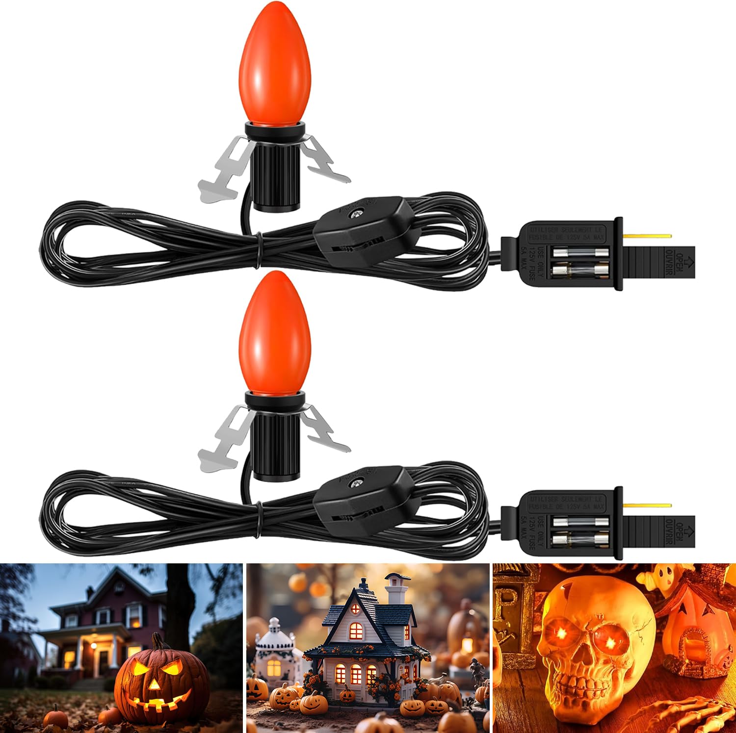 Enhon 2 Pack Accessory Cord with LED Light Bulb, Blow Mold Light with C7 Light, Village Lights Cord with On/Off Switch for Halloween, Christmas Village House, Salt Lamp, Craft Project, Orange
