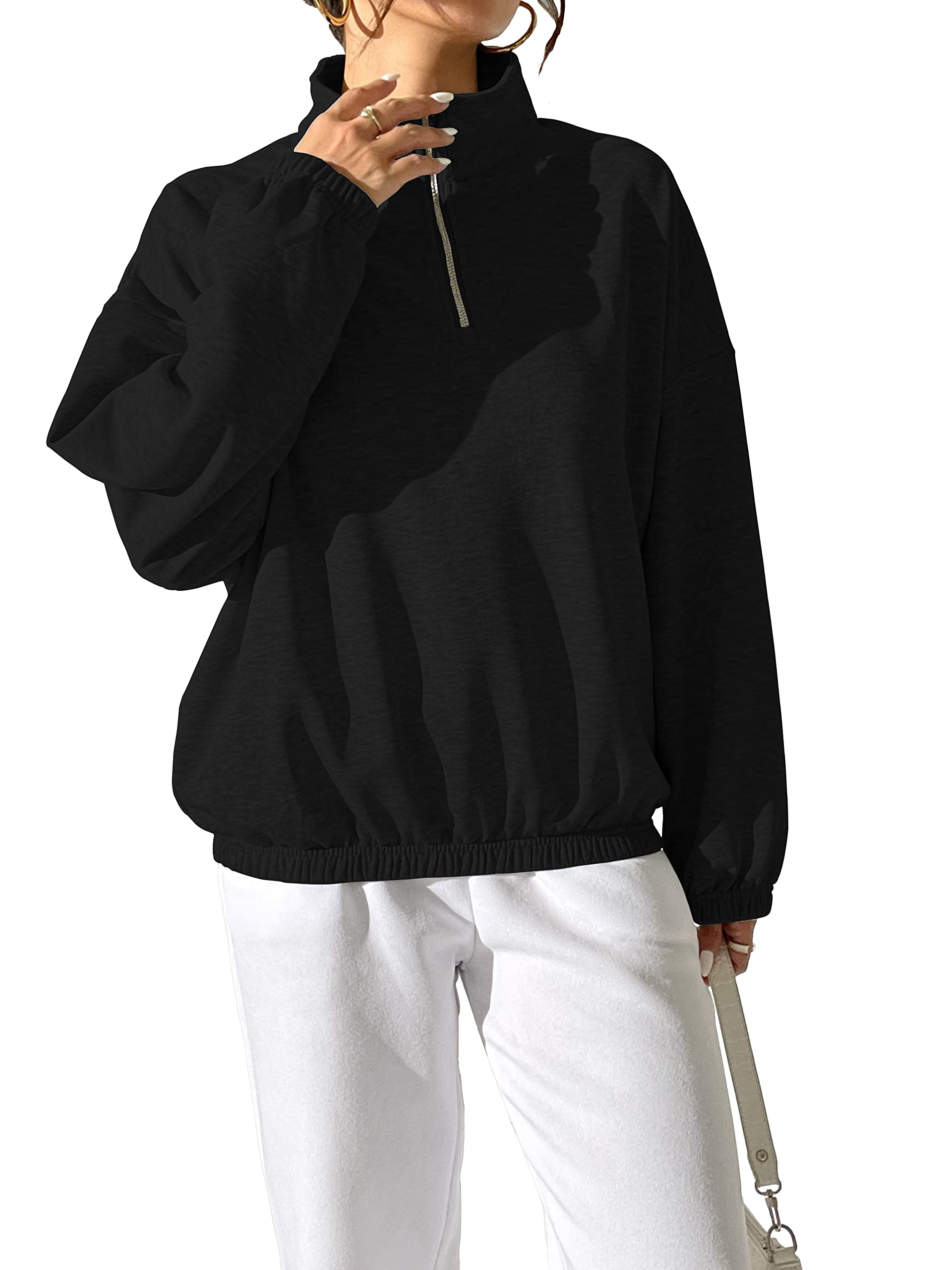 Photo 1 of *COLOR BLACK & WHITE* Gdlifecome Oversized Womens Sweatshirts Quarter Zip Pullovers Lightweight Casual Long Sleeve Stand Collar Tops XX-Large Black/White 