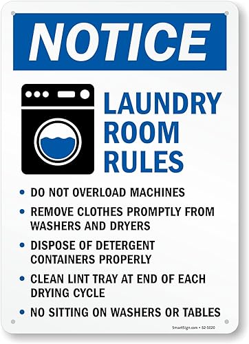 SmartSign Letrero de metal con texto en inglés "Notice - No Overload, Remove Promptly, Dispose Detergent, Clean Lint, No Sitting", 14 x 10 pulgadas, SmartSign Letrero de metal con texto en inglés "Notice - No Overload, Remove Promptly, Dispose Detergent, Clean Lint, No Sitting", 14 x 10 pulgadas,