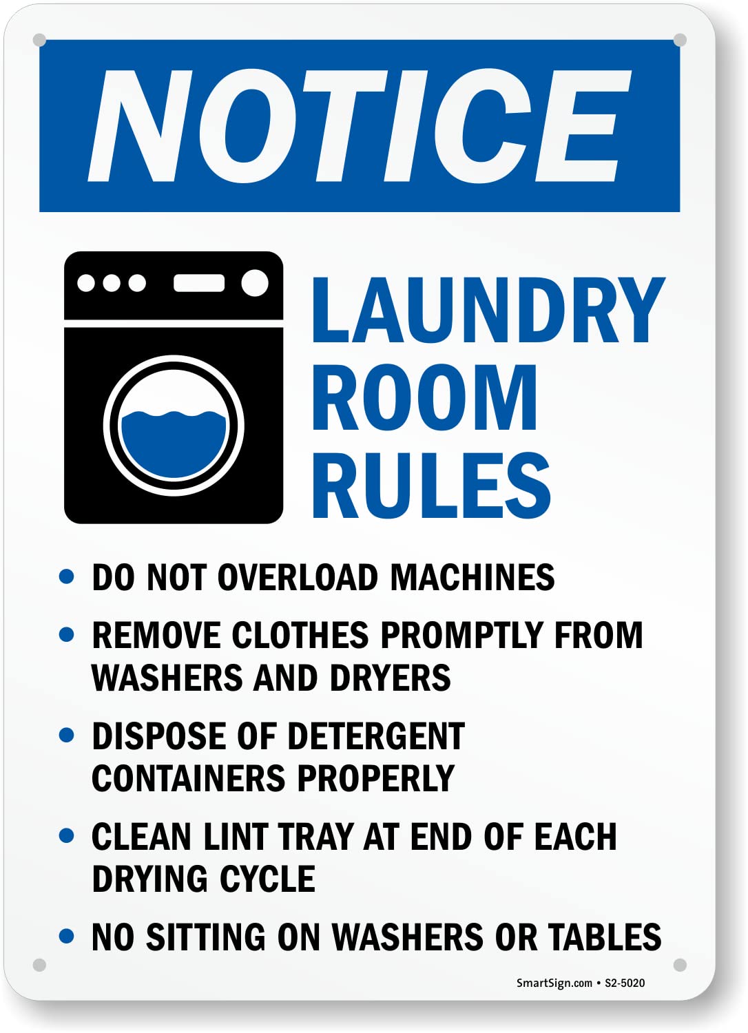 SmartSign Laundry Room Rules Sign, “Notice No Overload