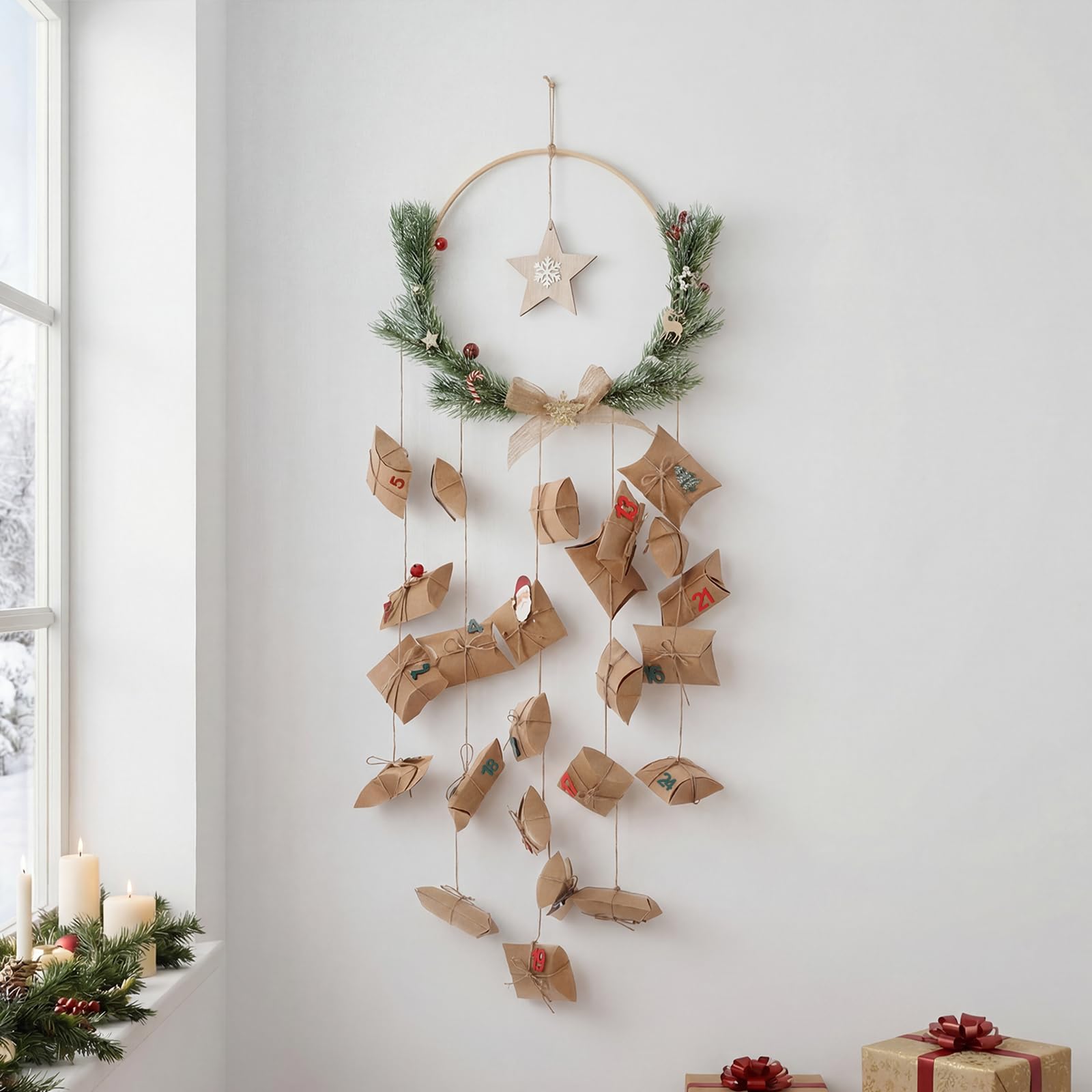 Calendario dell'Avvento natalizio con ghirlanda di Natale e scatole per cuscini in pelle bovina, decorazione natalizia per conto alla rovescia, regali fai da te per la casa e la cameretta dei