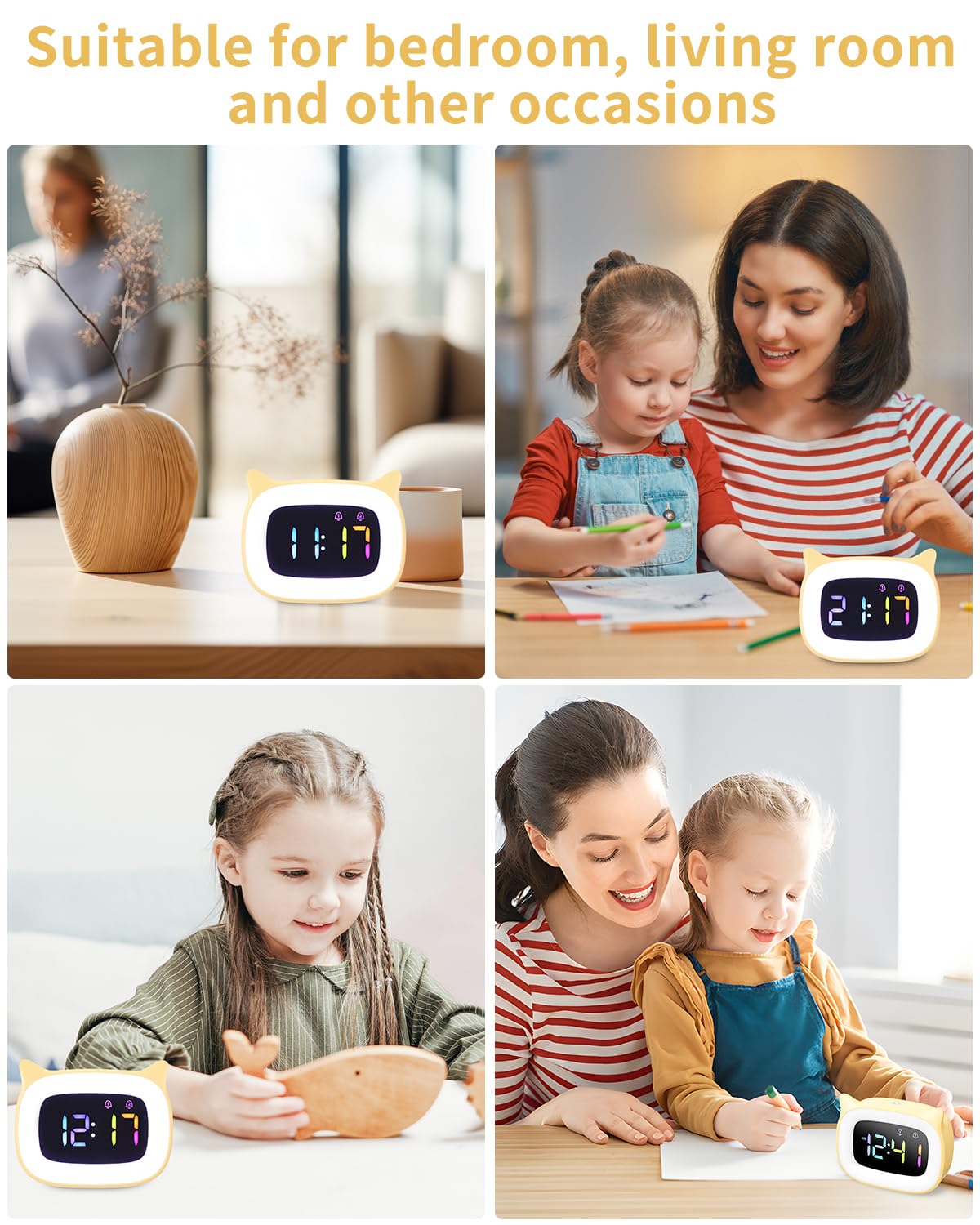 PERMUST LED Sveglia Bambini, Sveglia da Comodino, Luminosità Regolabile | Sveglia per Bambini, 18 Suonerie, Sveglia da Comodino Digitale di alta qualità, 4 Modalità, Porta di Ricarica USB