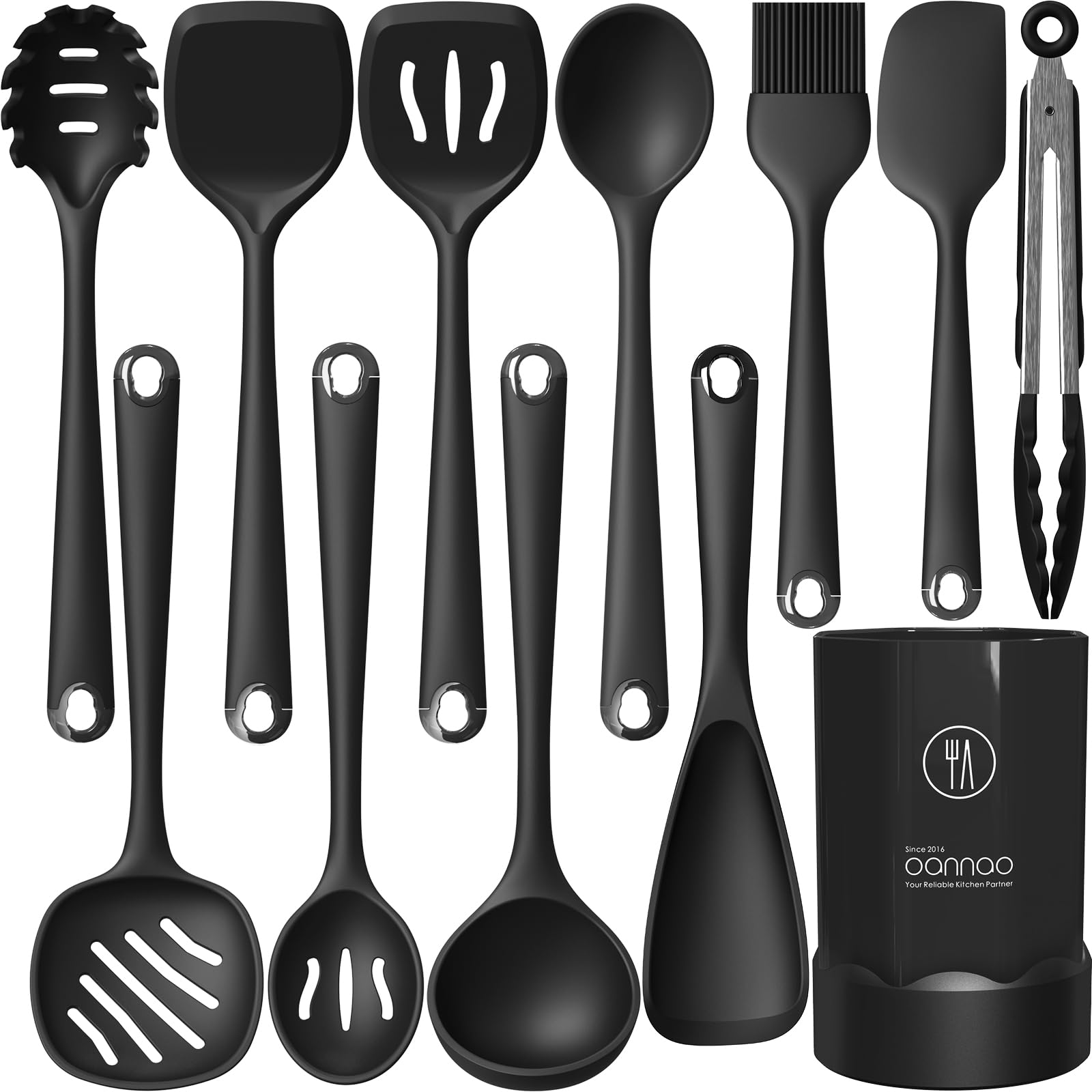 Silicone Kitchen Utensils Set, 600°F Heat Resistant Silicone Cooking Utensils, Spatula, Spoon, Whisk, Tongs, Kitchen Gadgets Tools Sets for Nonstick Cookware, Dishwasher Safe BPA Free (Black)