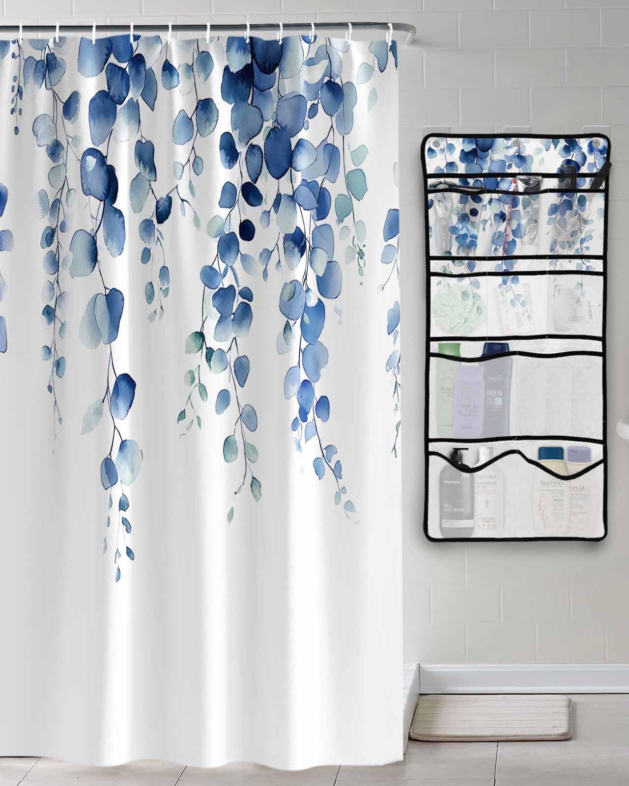 Decorative Shower Curtain Sets Eucalyptus Leaves Blue Polyester Fabric Waterproof Shower Curtains Spring Watercolor Plants Texture Mesh Shower