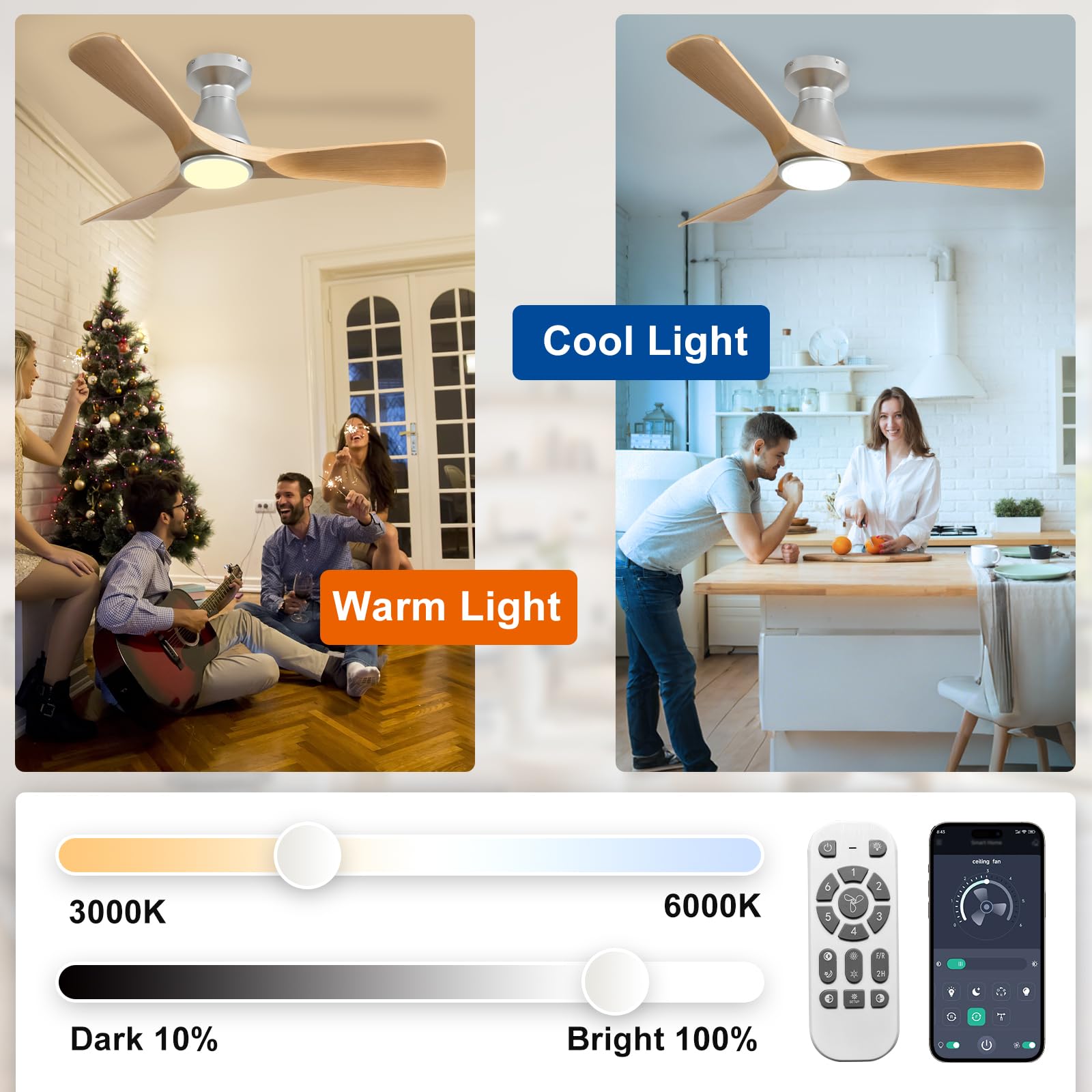 Depuley Ventiladores de techo de 42 pulgadas con luz: Ventilador de techo empotrado de 3 aspas con acabado granulado para cocina - Ventilador exterior regulable con control mediante aplicación móvil