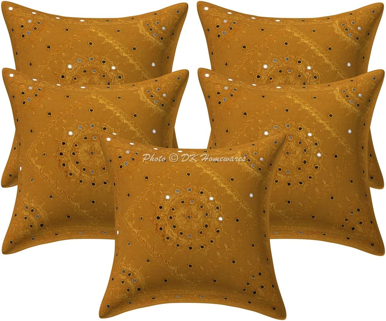 Boho Decorative Couch Throw Pillow Covers 16x16 Inch Cotton Embroidered Mirrored Ethnic Square Toss Cushion Covers (Size - 40x40 cm ; Color: Mustard Yellow) - Set of 5 Pcs (Cover Only)