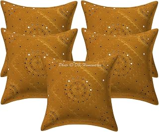Cotton Indian Bohemian Cushion Cover 16x16 inch Mustard Yellow Mirrored Embroidered Contemporary Throw Pillow Covers 16x16 Inch Home Decor Faux Pillows (Set of 5)