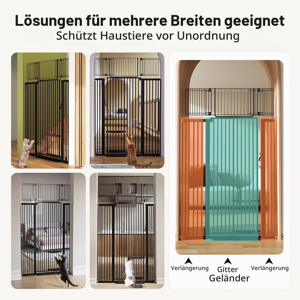 COMOMY 180 cm Extra Hoch Türgitter Katze/Hund, 75-110 cm Extra Breit Türschutzgitter mit Verstellbarer Katzenklappe, Tierschutzgitter Ohne Bohren für Treppen, Türen, Küche (Schwarz)