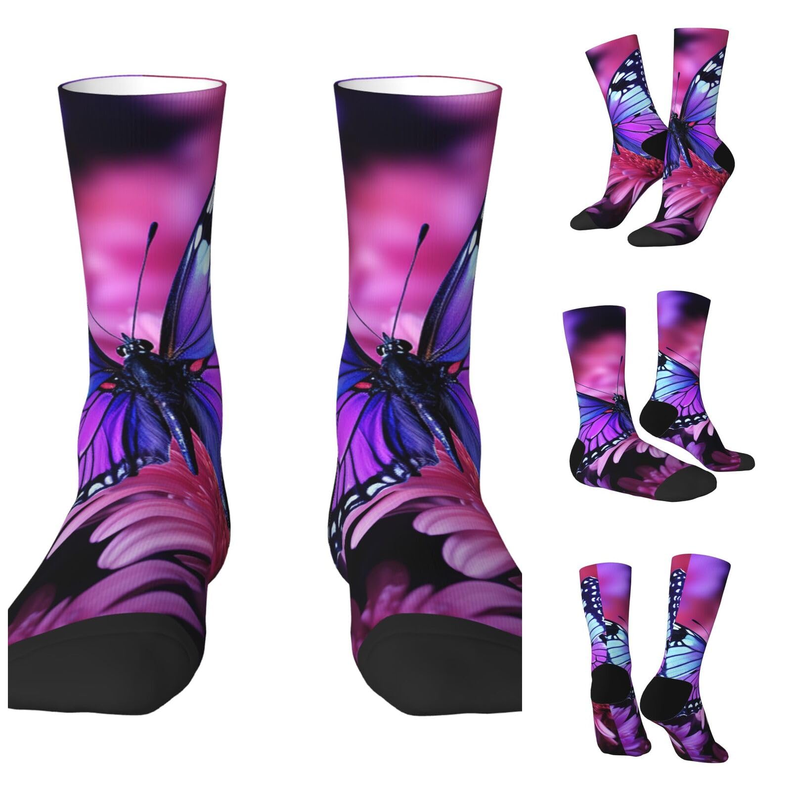 LZQPOEAS Purple butterfly and flower Athletic Socks Unisex Cushioned Crew Socks Hiking Running Calf Sock Soft Above Ankle Sock